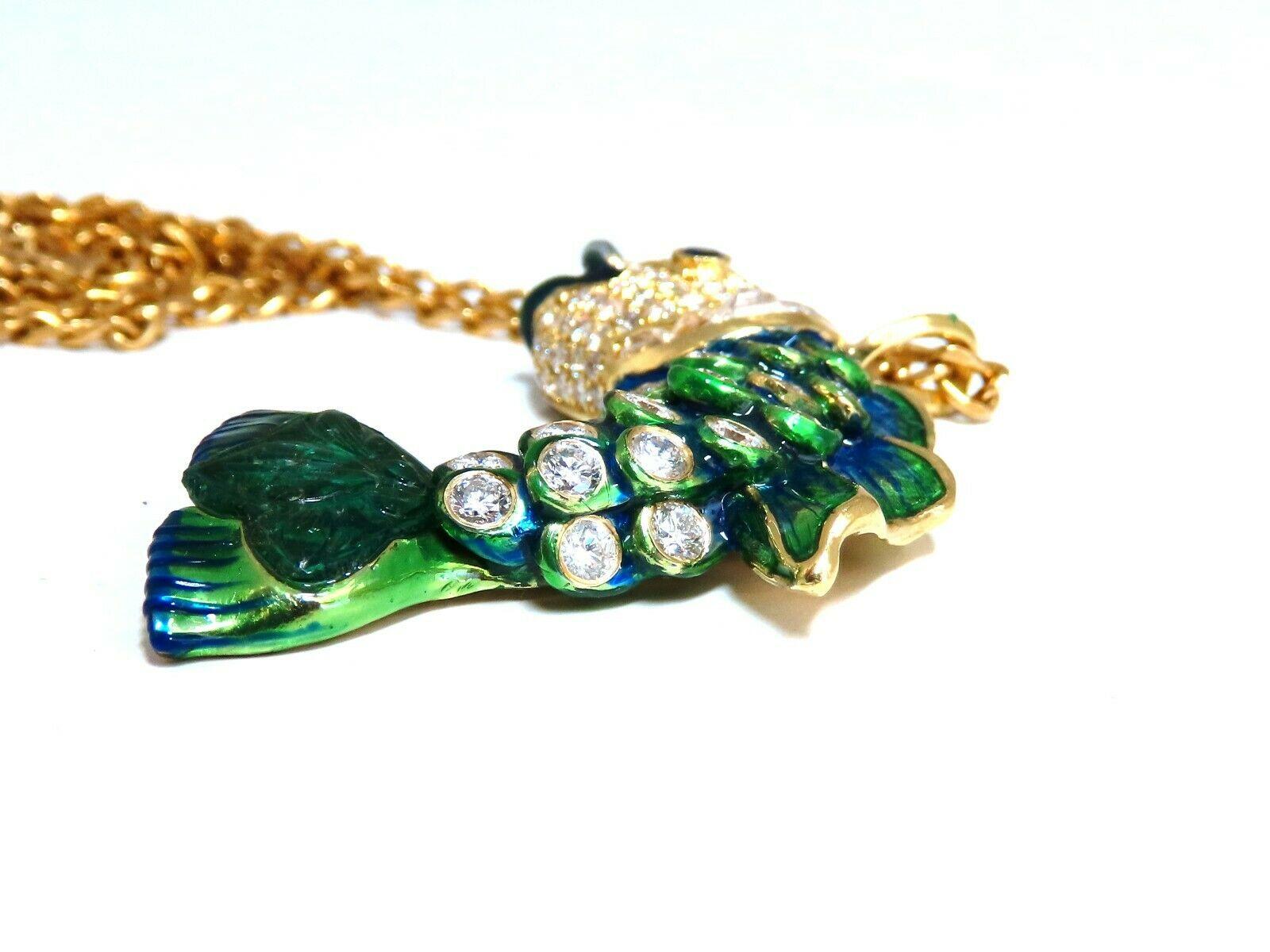 Women's or Men's 10.12 Carat Natural Sapphire Emerald and Diamonds Enamel Fish Pendant 18 Karat For Sale