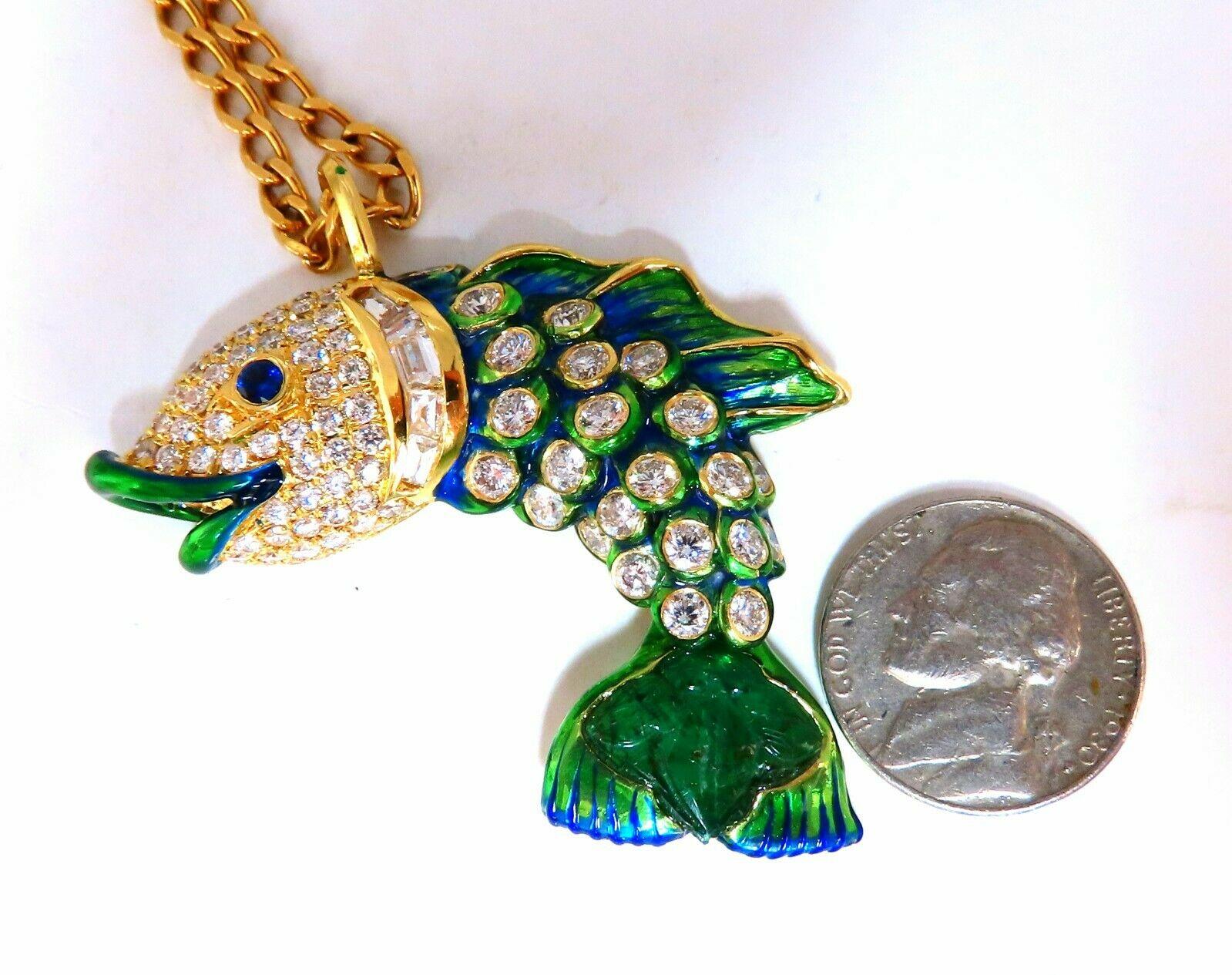 10.12 Carat Natural Sapphire Emerald and Diamonds Enamel Fish Pendant 18 Karat For Sale 2