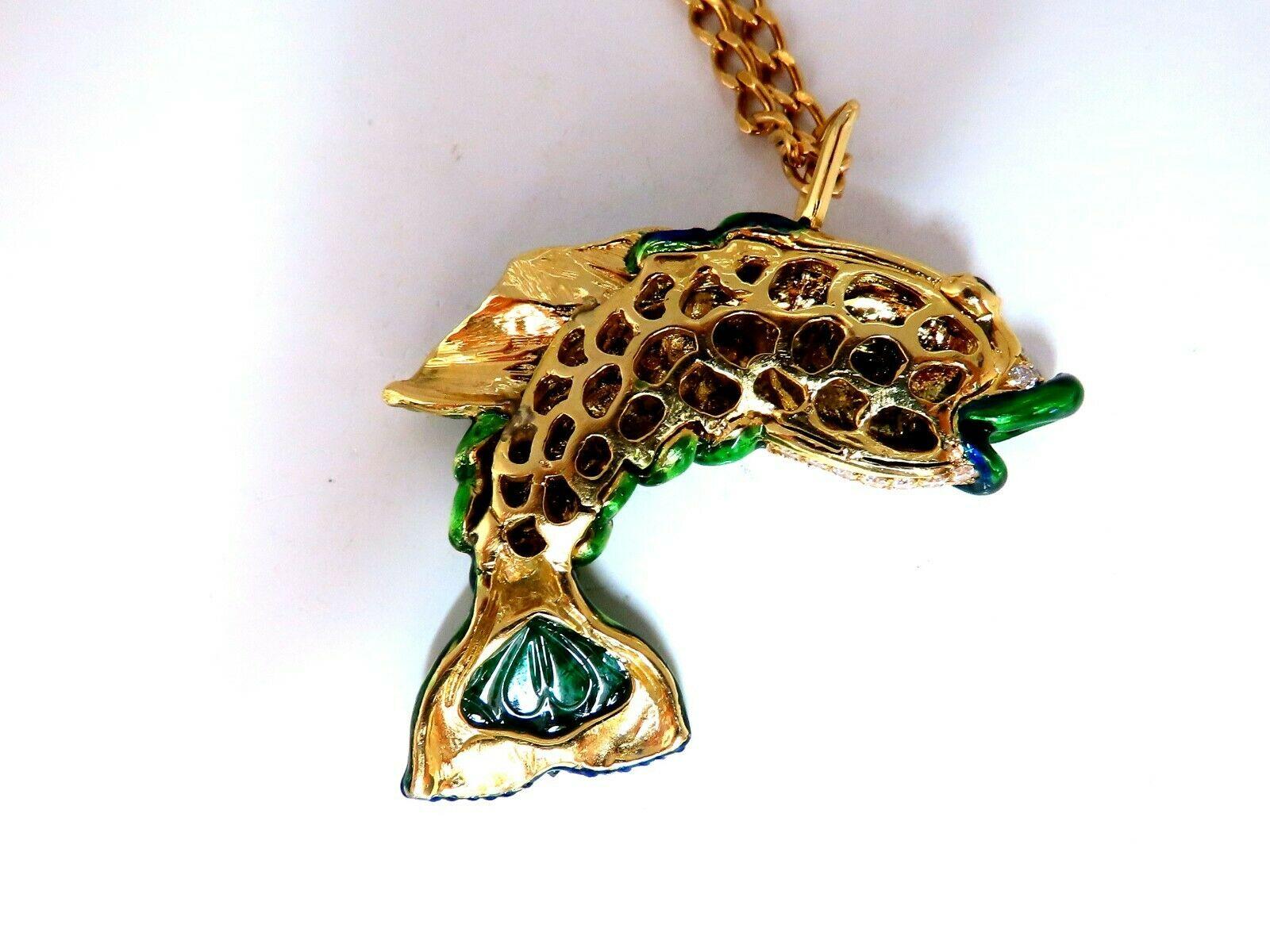 10.12 Carat Natural Sapphire Emerald and Diamonds Enamel Fish Pendant 18 Karat For Sale 3