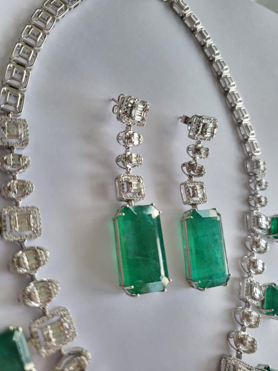 A very gorgeous and one of a kind, Emerald Necklace set in 18K White Gold & Diamonds. The weight of the Emeralds in the necklace is 54.94 carats. The weight of the Emeralds in the Earrings is 46.43 carats. The Emeralds are completely natural,