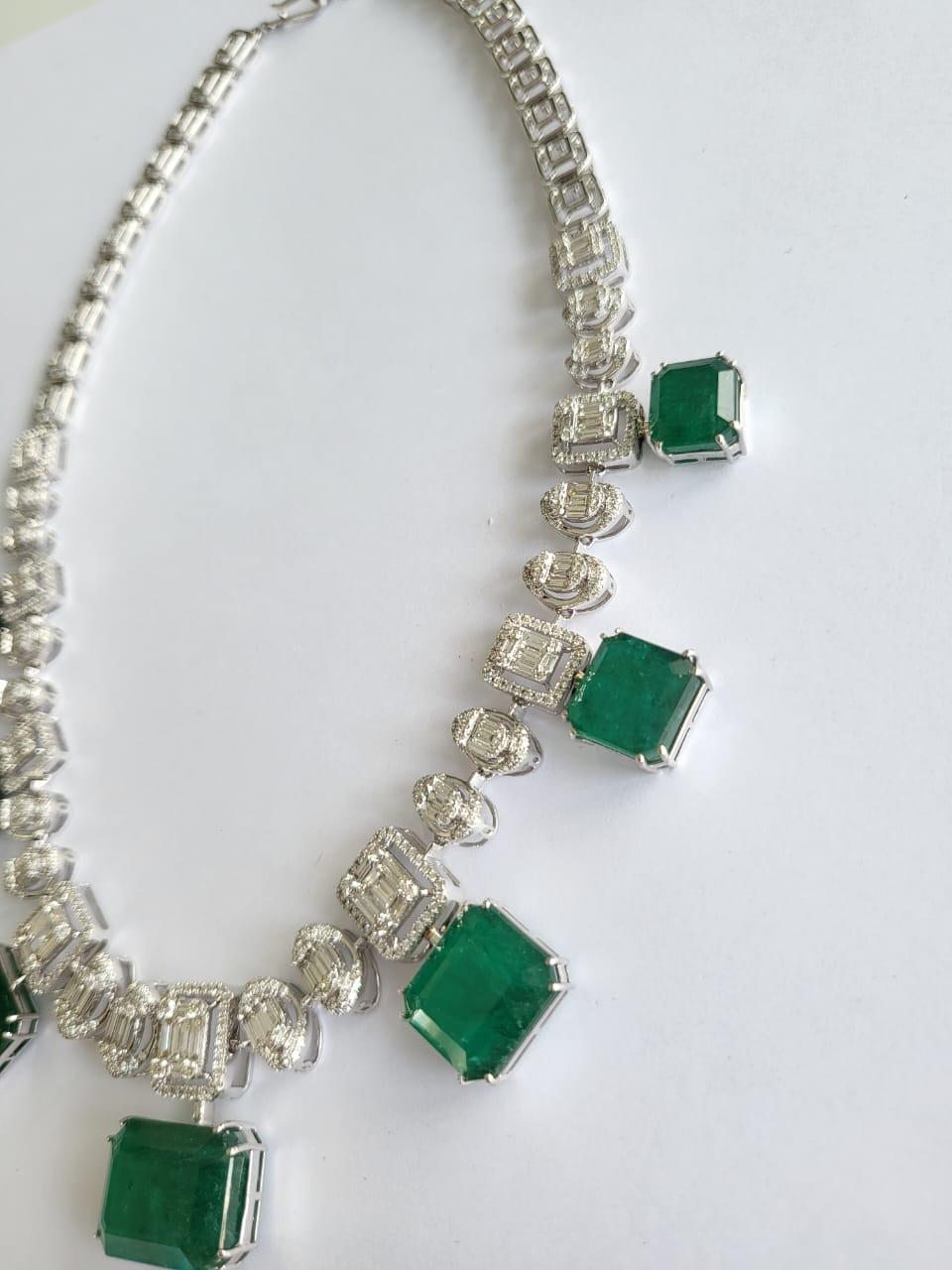 Emerald Cut 101.37 Carats, Natural Zambian Emeralds & Diamonds Necklace & Earrings For Sale