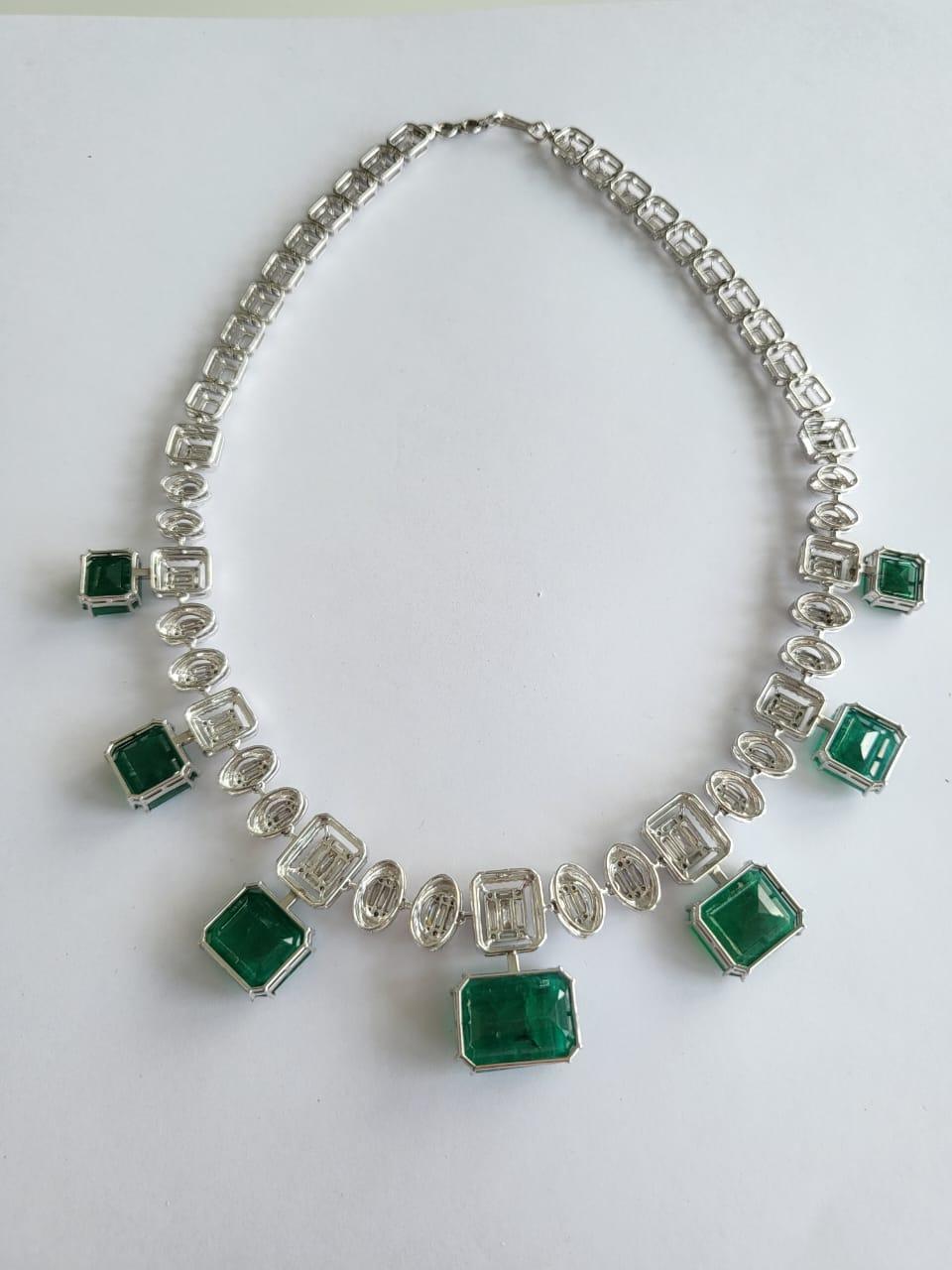 101.37 Carats, Natural Zambian Emeralds & Diamonds Necklace & Earrings For Sale 1