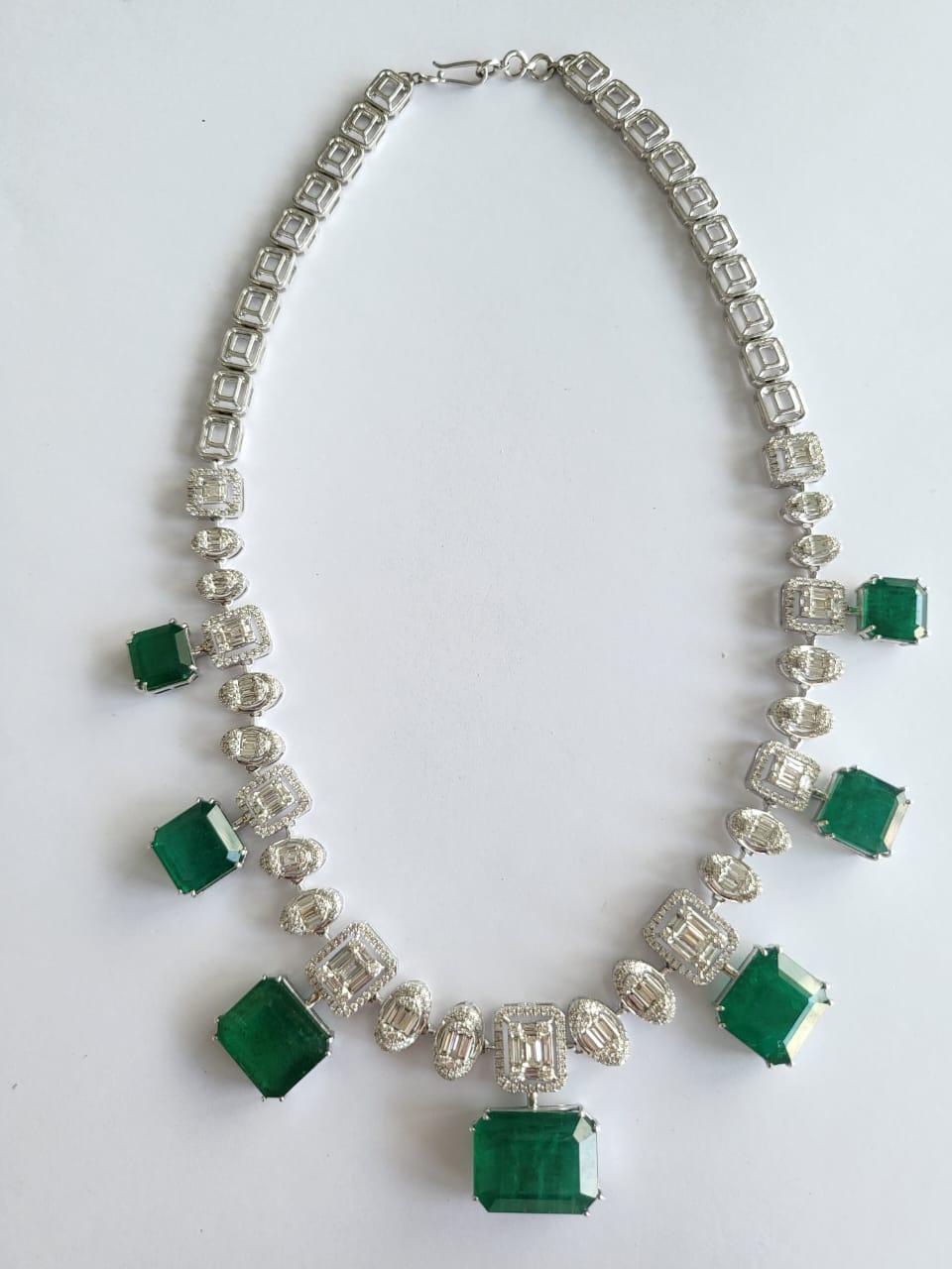 101.37 Carats, Natural Zambian Emeralds & Diamonds Necklace & Earrings For Sale 2