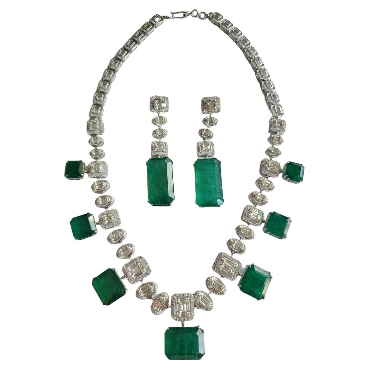 101.37 Carats, Natural Zambian Emeralds & Diamonds Necklace & Earrings For Sale
