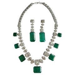 101.37 Carats, Natural Zambian Emeralds & Diamonds Necklace & Earrings