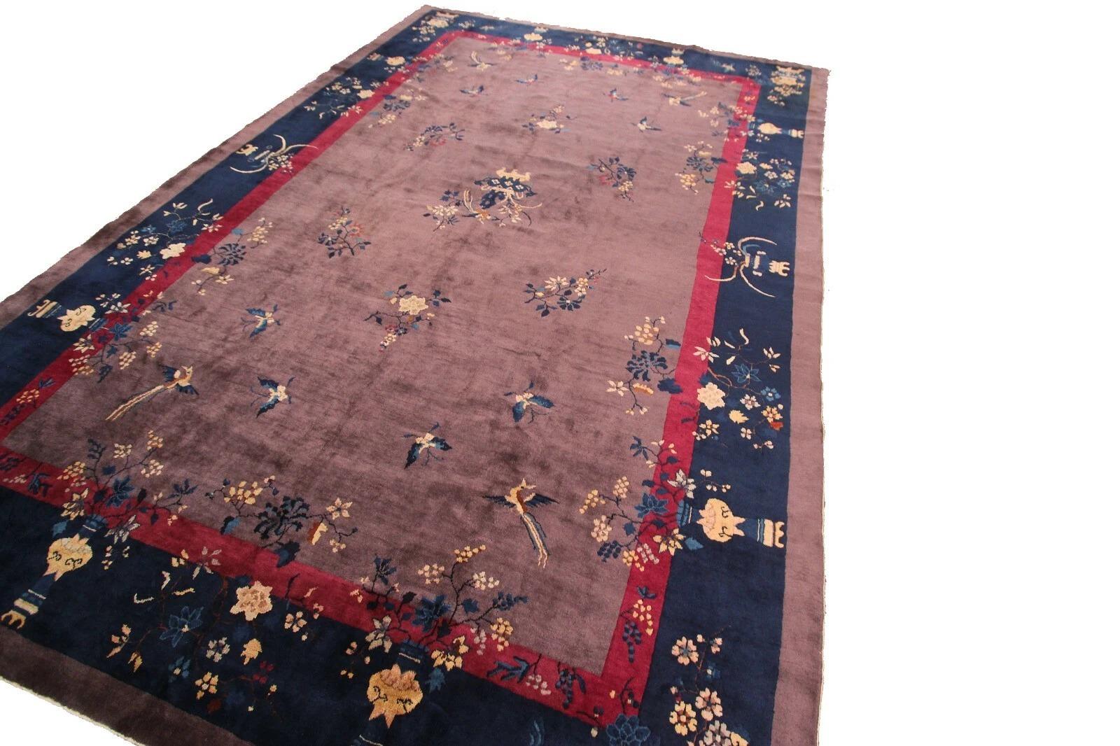 Cinese 10×14 Antico tappeto cinese Walter Nichols Rugs 305cm × 437cm Uccelli Art Deco c.1920 in vendita