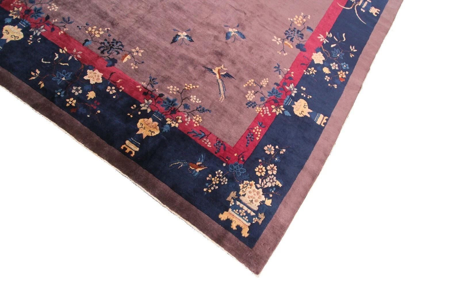 10×14 Antico tappeto cinese Walter Nichols Rugs 305cm × 437cm Uccelli Art Deco c.1920 In condizioni buone in vendita a New York, NY