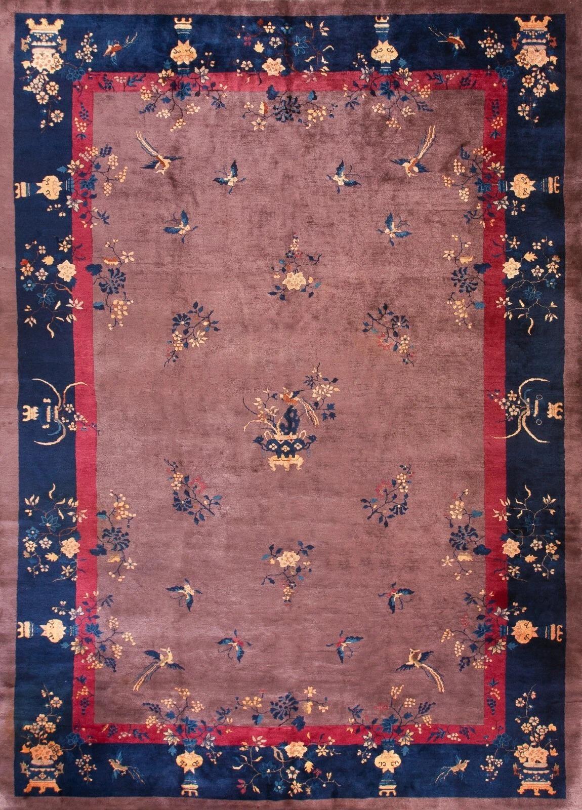Lana 10×14 Antico tappeto cinese Walter Nichols Rugs 305cm × 437cm Uccelli Art Deco c.1920 in vendita