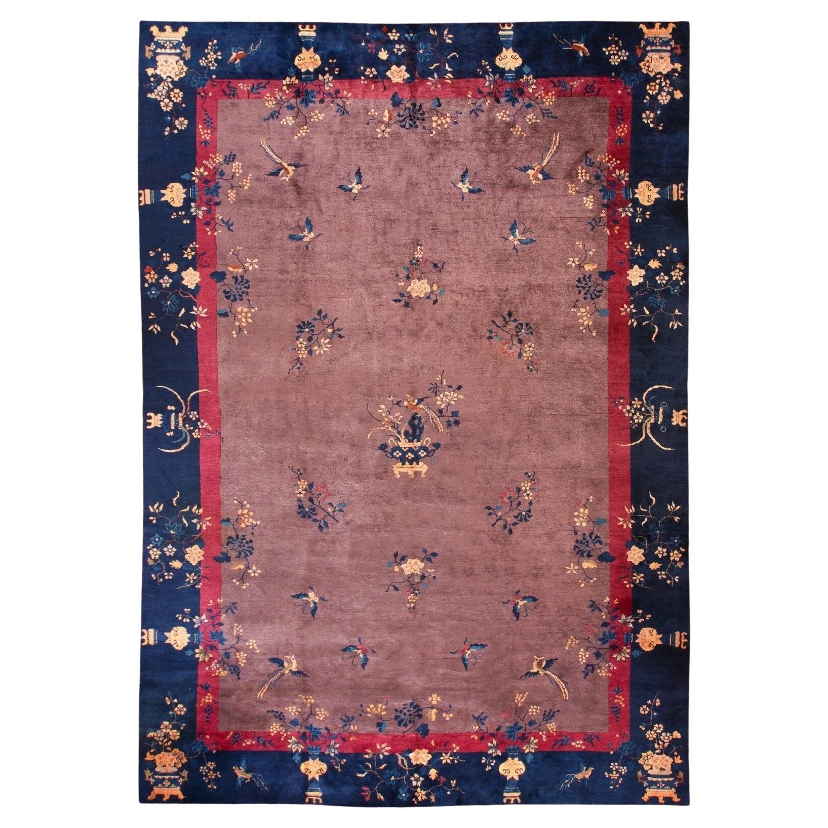 10×14 Antico tappeto cinese Walter Nichols Rugs 305cm × 437cm Uccelli Art Deco c.1920 in vendita