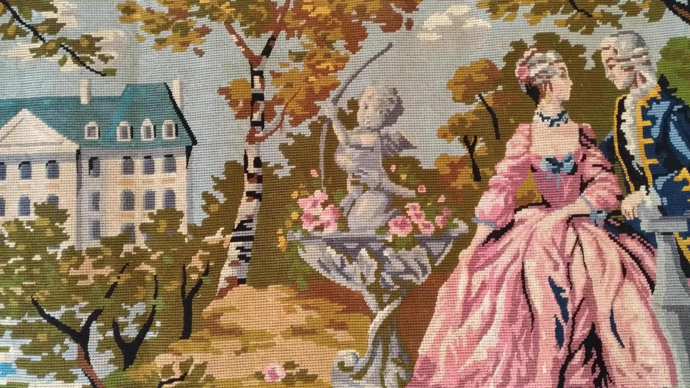 1014 - beautiful French antique needlepoint tapestry (romantic).
