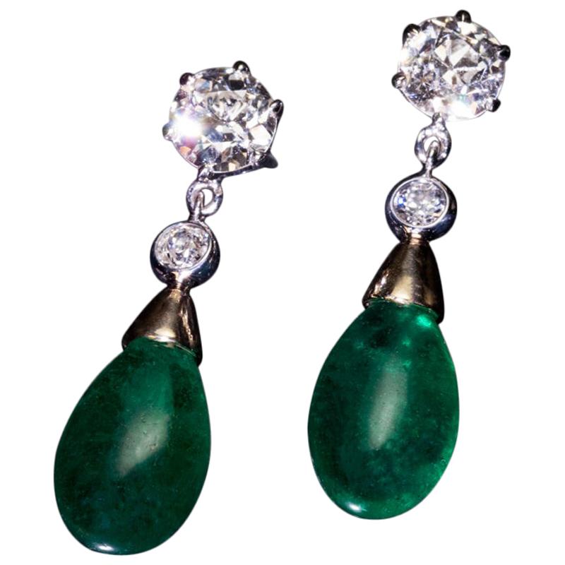 10.14 Carat Brazilian Emerald and Old Cut Diamond Drop Earrings