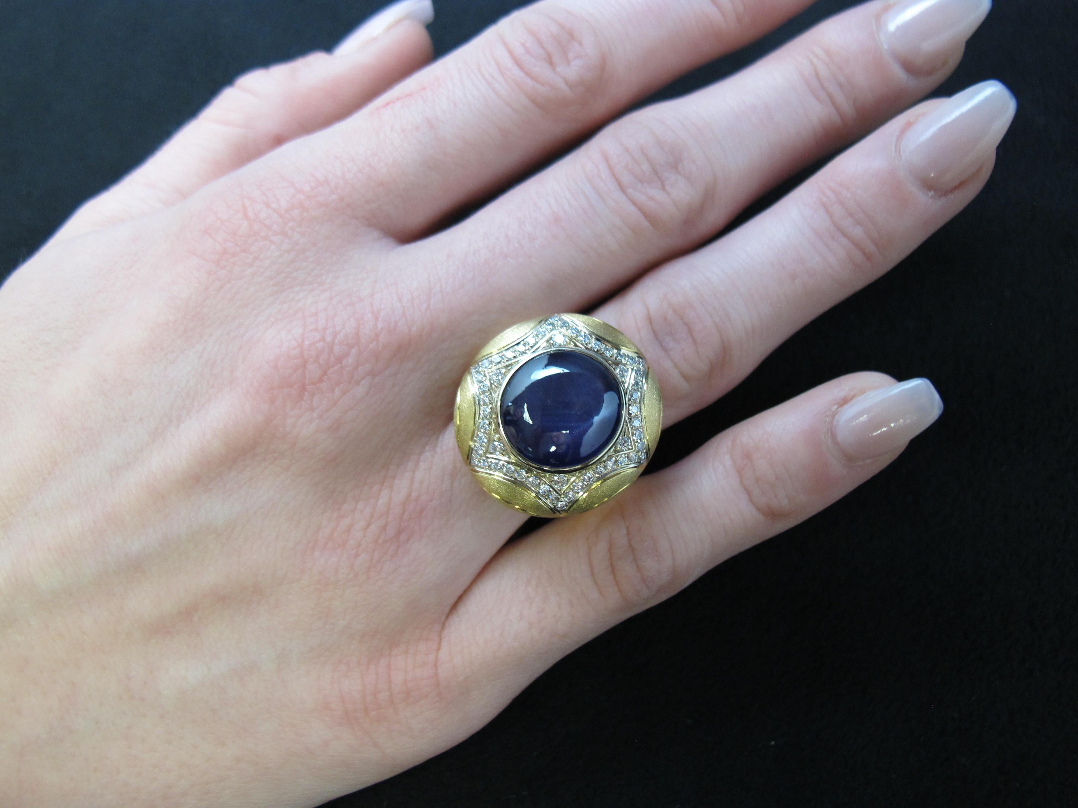 10 Carat Purple Star Sapphire and Diamond Pave in 18k Yellow Gold Handmade Ring For Sale 7