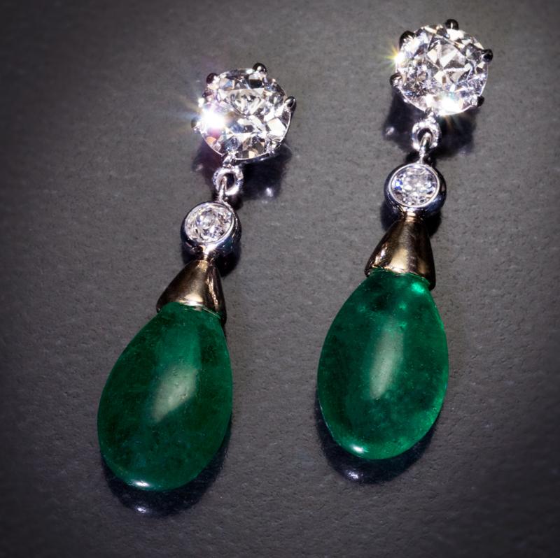 Pear Cut 10.14 Carat Brazilian Emerald and Old Cut Diamond Drop Earrings