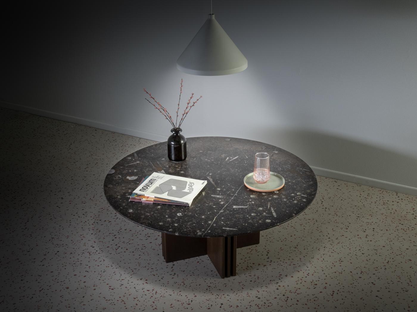 Exclusive coffee table, model 1014, by Heinz Lilienthal from the 1980s. High-quality frame made of oak in the shade wenge with a table top made of fossil rock (high Devonian, about 340 - 480 million years old) in gray, brown and cream tones.