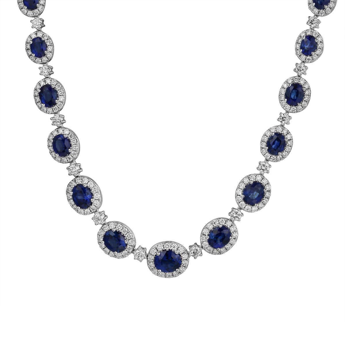 Verleihen Sie Ihrem Ensemble einen majestätischen Touch mit dieser atemberaubenden 10,14 Karat königsblauen Saphir-Diamant-Halskette! Diese auffällige Halskette zieht die Blicke auf sich, denn ihre schillernde Farbe und die exquisite Verarbeitung