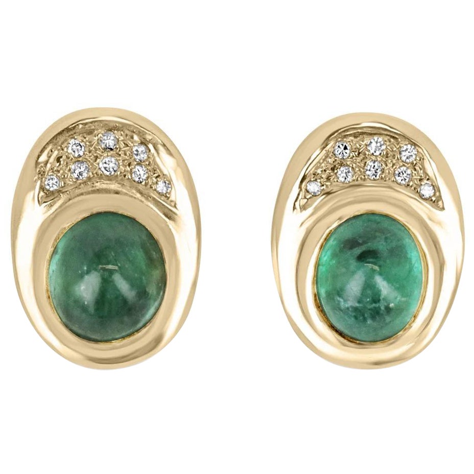 10,14tc, 14K, Oval Cabochon-Schliff Smaragd & Diamant-Akzent Vintage Ohrclips