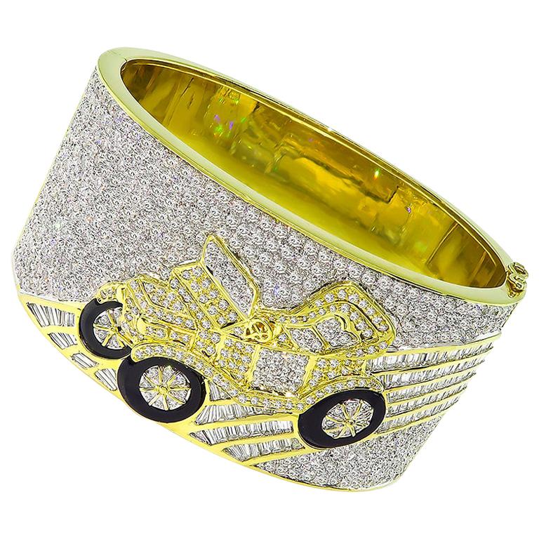 Bracelet jonc de voiture vintage en or, onyx et diamants de 10,15 carats
