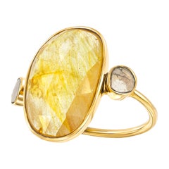 Bague artisanale en or jaune 18 carats avec saphir taille rose de 10,15 carats et diamants 