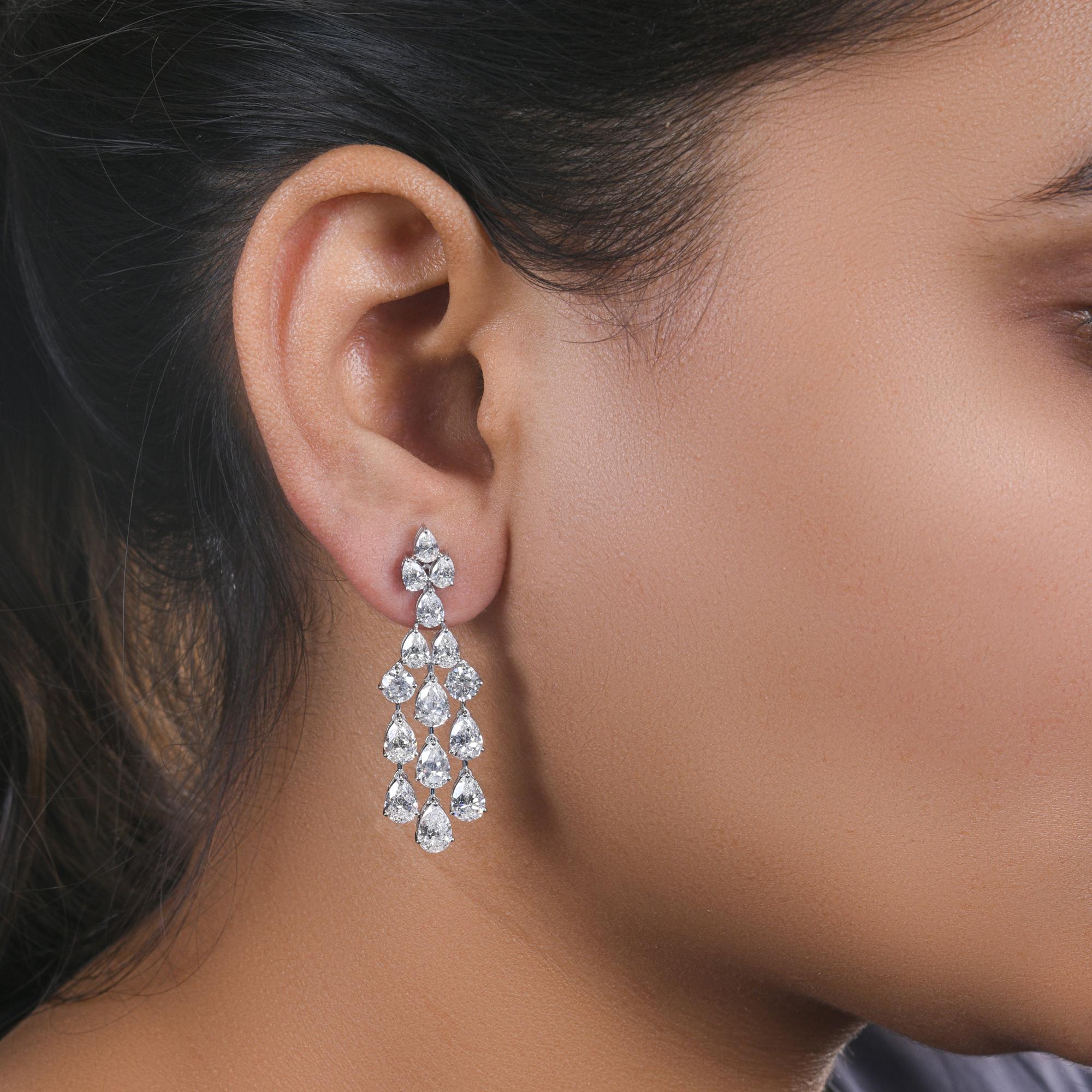 Pear Cut 10.15 Carat SI/H Pear Round Diamond Chandelier Earrings 14 Karat White Gold For Sale