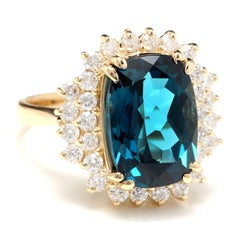 10.15 Ct Natural Impressive London Blue Topaz and Diamond 14k Yellow Gold Ring