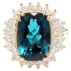 Bague impressionnante en or jaune 14 carats avec topaze bleue de Londres de 10,15 carats et diamants