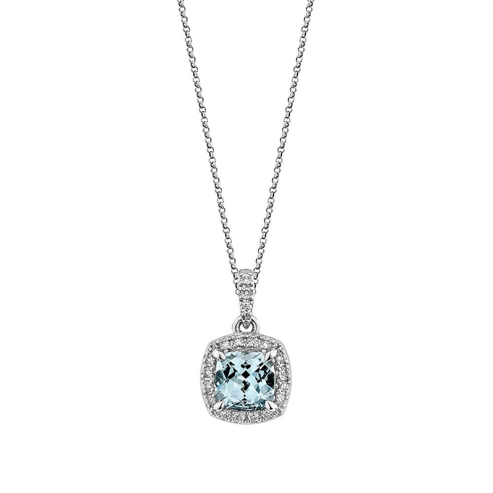 Taille coussin Pendentif aigue-marine de 1,015 carat en or blanc 18 carats avec diamant blanc. en vente