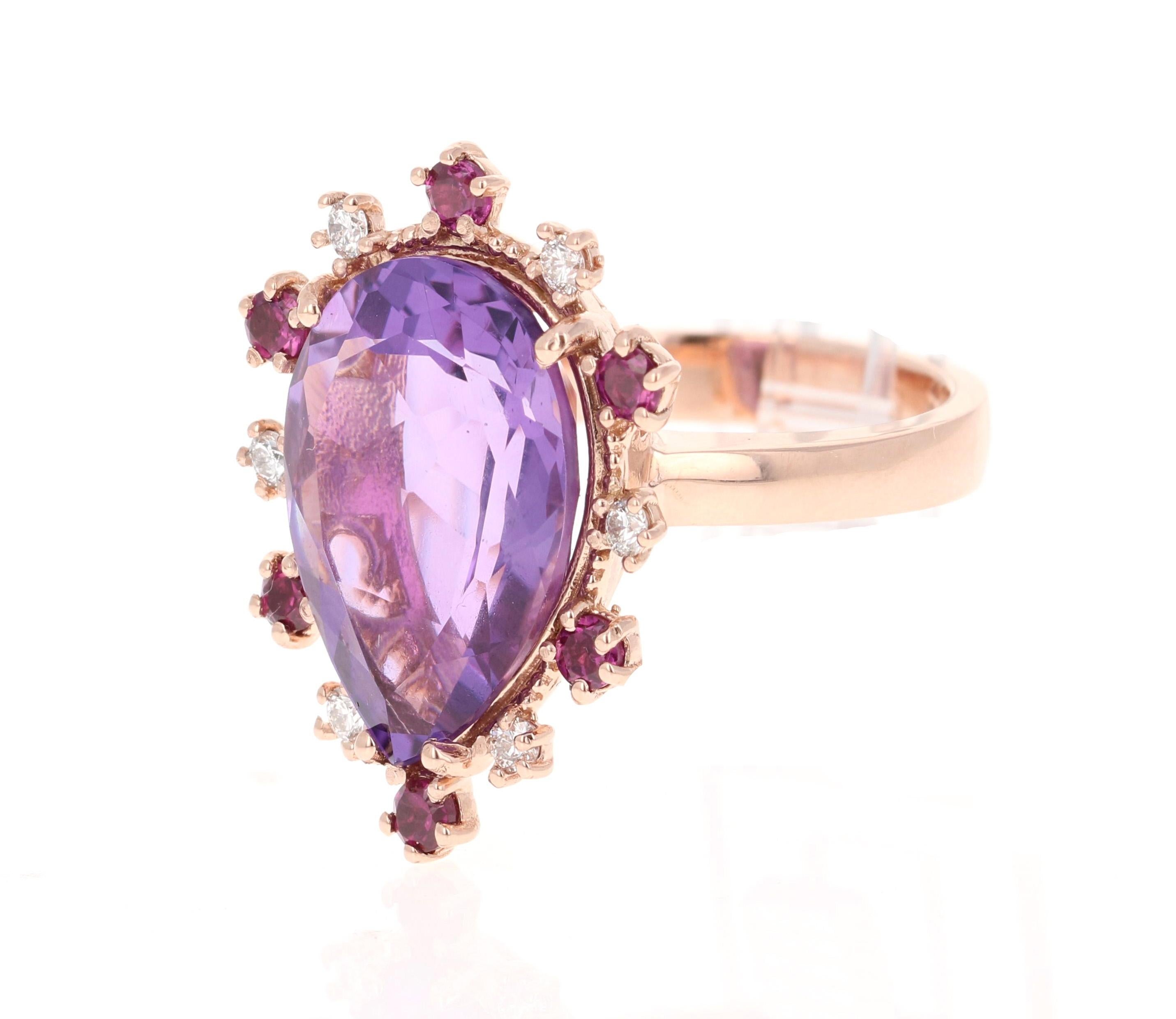 Pear Cut 10.16 Carat Amethyst Garnet Diamond Rose Gold Cocktail Ring For Sale