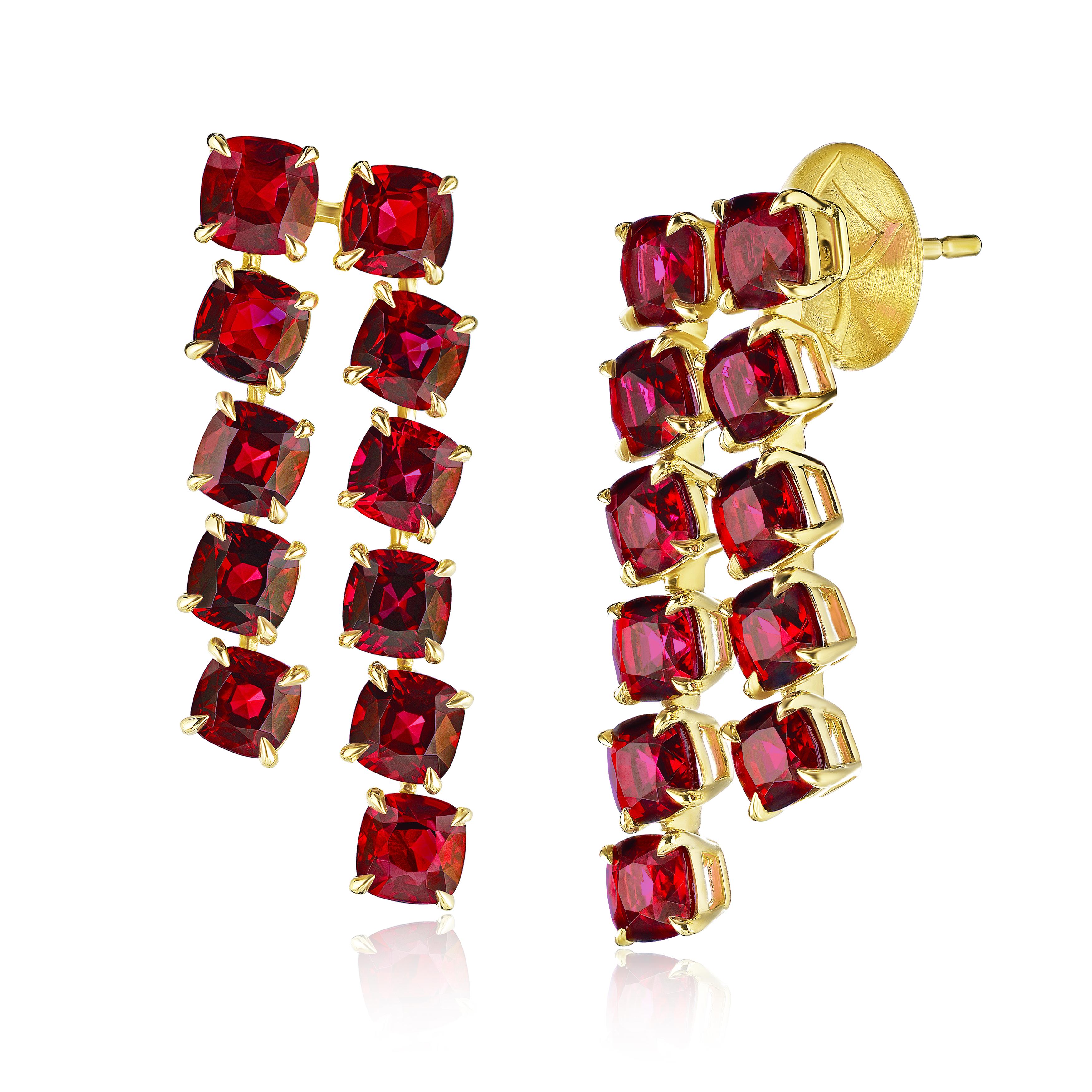 10.16 carat Cushion Ruby Drop Earrings set in 18k Yellow Gold