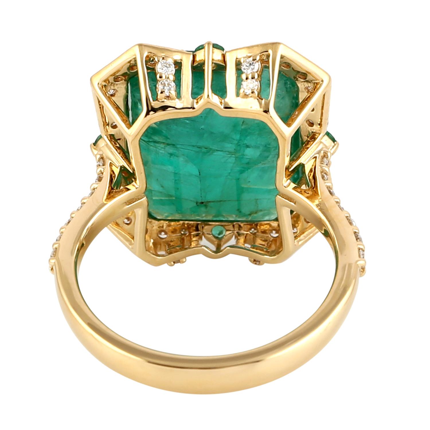 This ring has been meticulously crafted from 14-karat gold.  It is hand set with 10.16 carats emerald & .53 carats of sparkling diamonds. 

The ring is a size 7 and may be resized to larger or smaller upon request. 
FOLLOW  MEGHNA JEWELS storefront