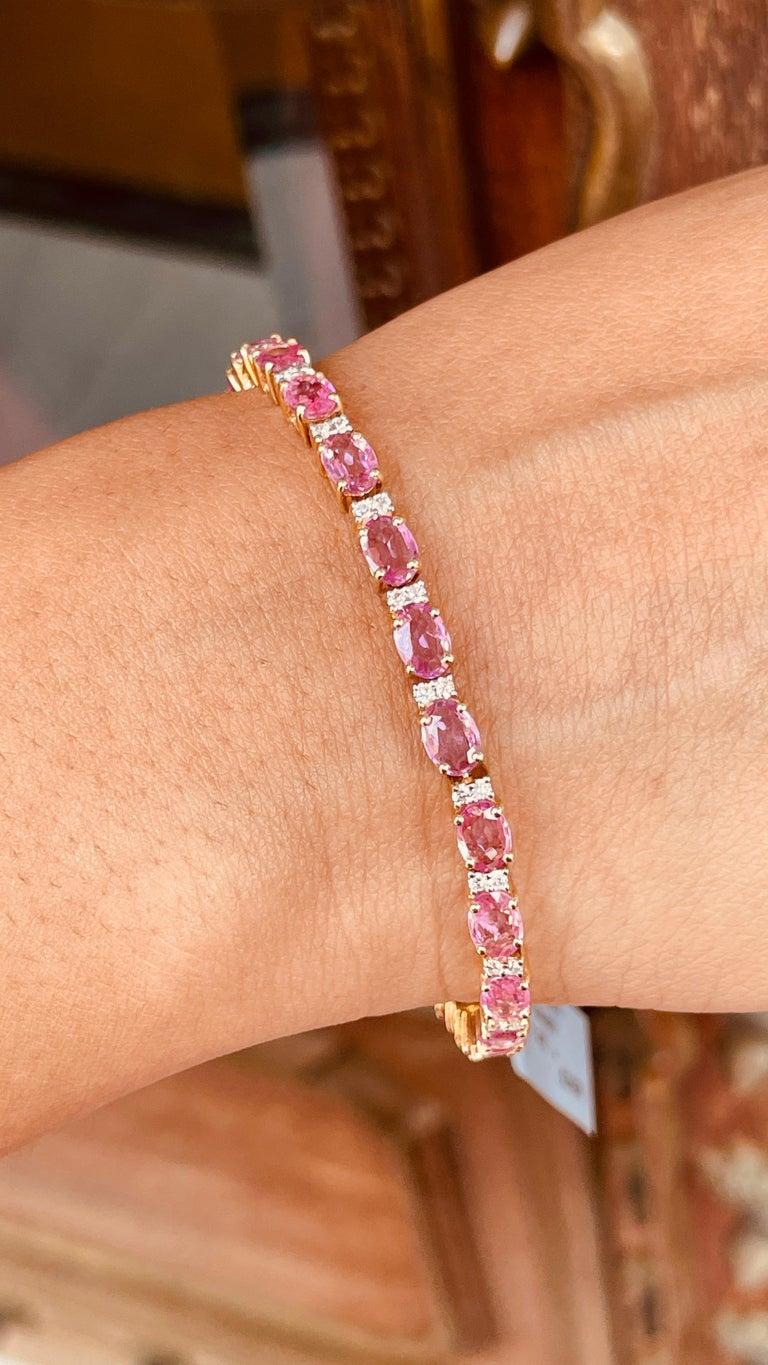 10.16 Carat Natural Pink Sapphire and Diamond Tennis Bracelet in 14K Yellow Gold For Sale 5