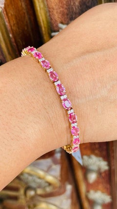 10,16 Karat natürlicher rosa Saphir und Diamant Tennis-Armband aus 14K Gelbgold