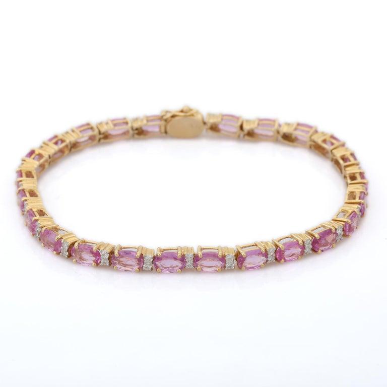 10.16 Carat Natural Pink Sapphire and Diamond Tennis Bracelet in 14K Yellow Gold In New Condition For Sale In New York, NY