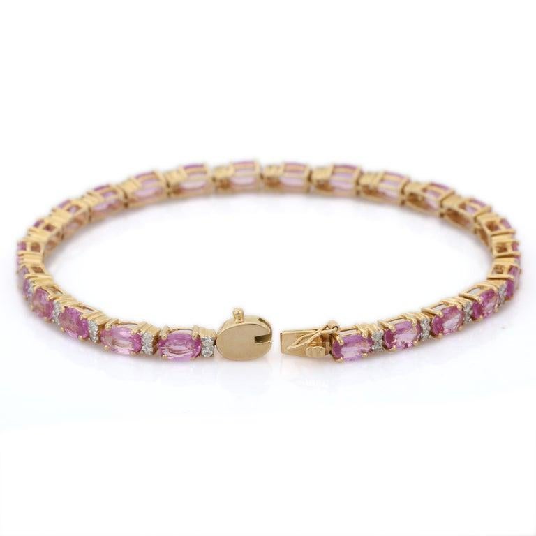 10.16 Carat Natural Pink Sapphire and Diamond Tennis Bracelet in 14K Yellow Gold For Sale 1