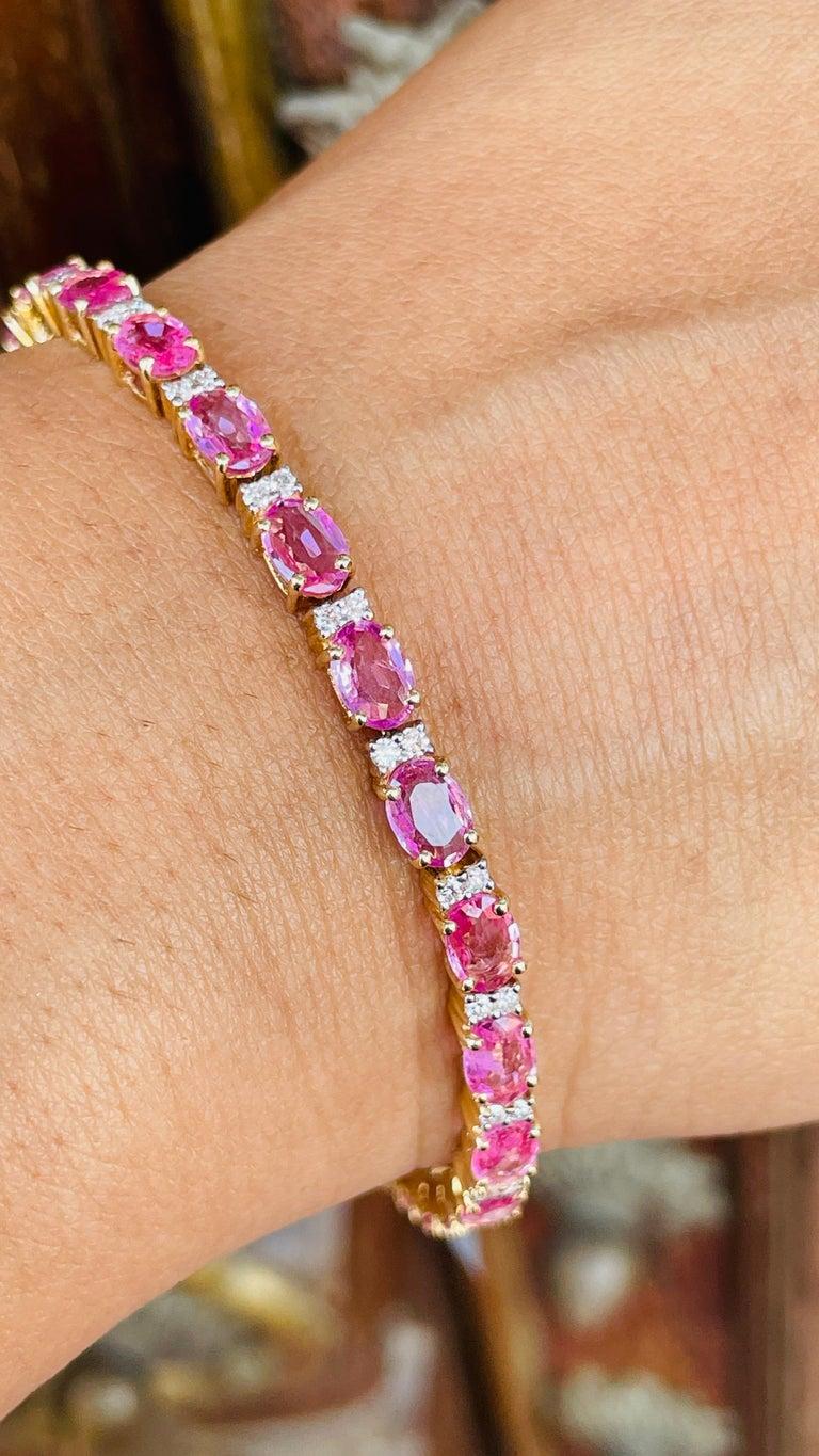 10.16 Carat Natural Pink Sapphire and Diamond Tennis Bracelet in 14K Yellow Gold For Sale 2