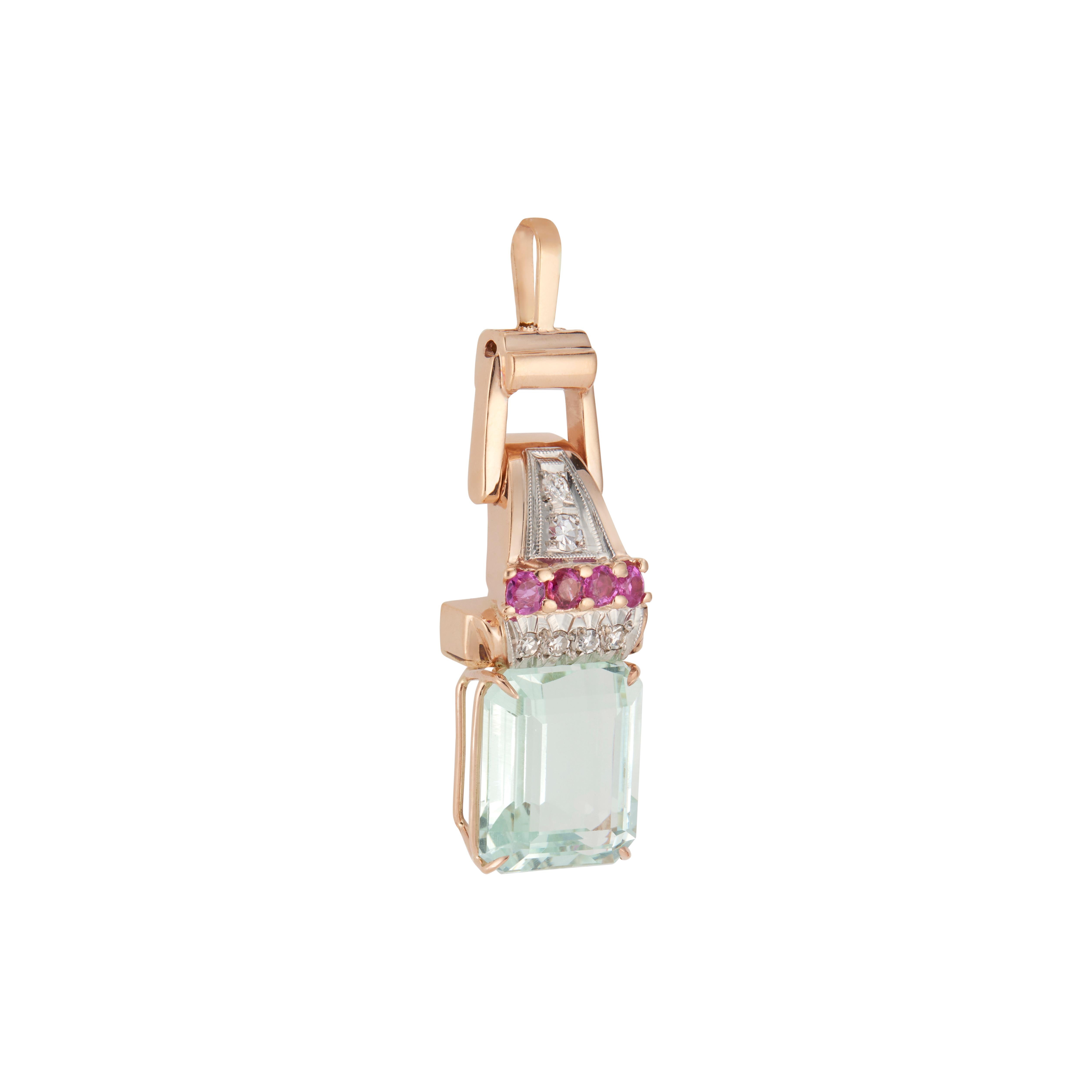 10,17 Karat natürlicher Aqua Rubin Diamant 14k Roségold Retro Art Deco Anhänger (Art déco) im Angebot