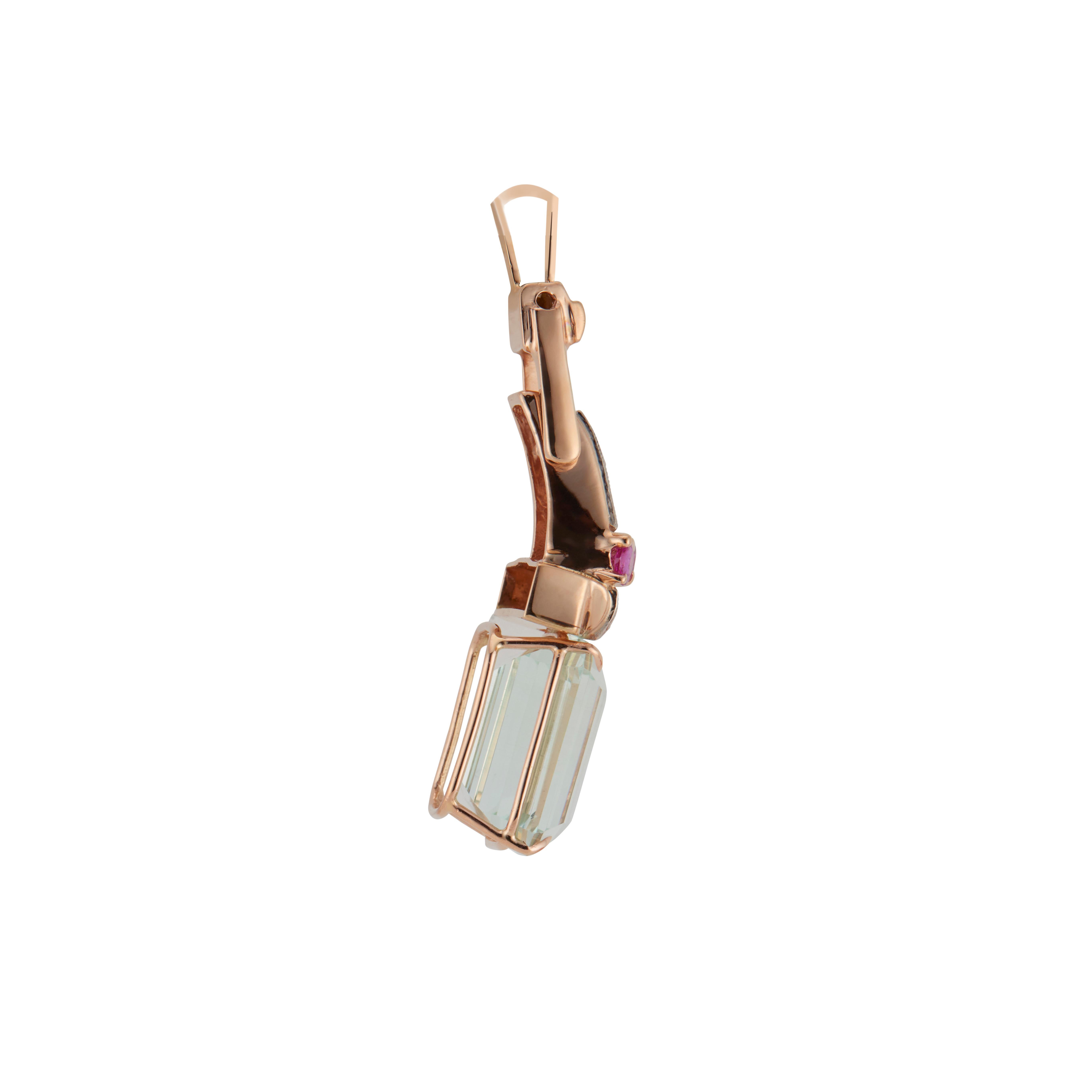 10,17 Karat natürlicher Aqua Rubin Diamant 14k Roségold Retro Art Deco Anhänger (Smaragdschliff) im Angebot