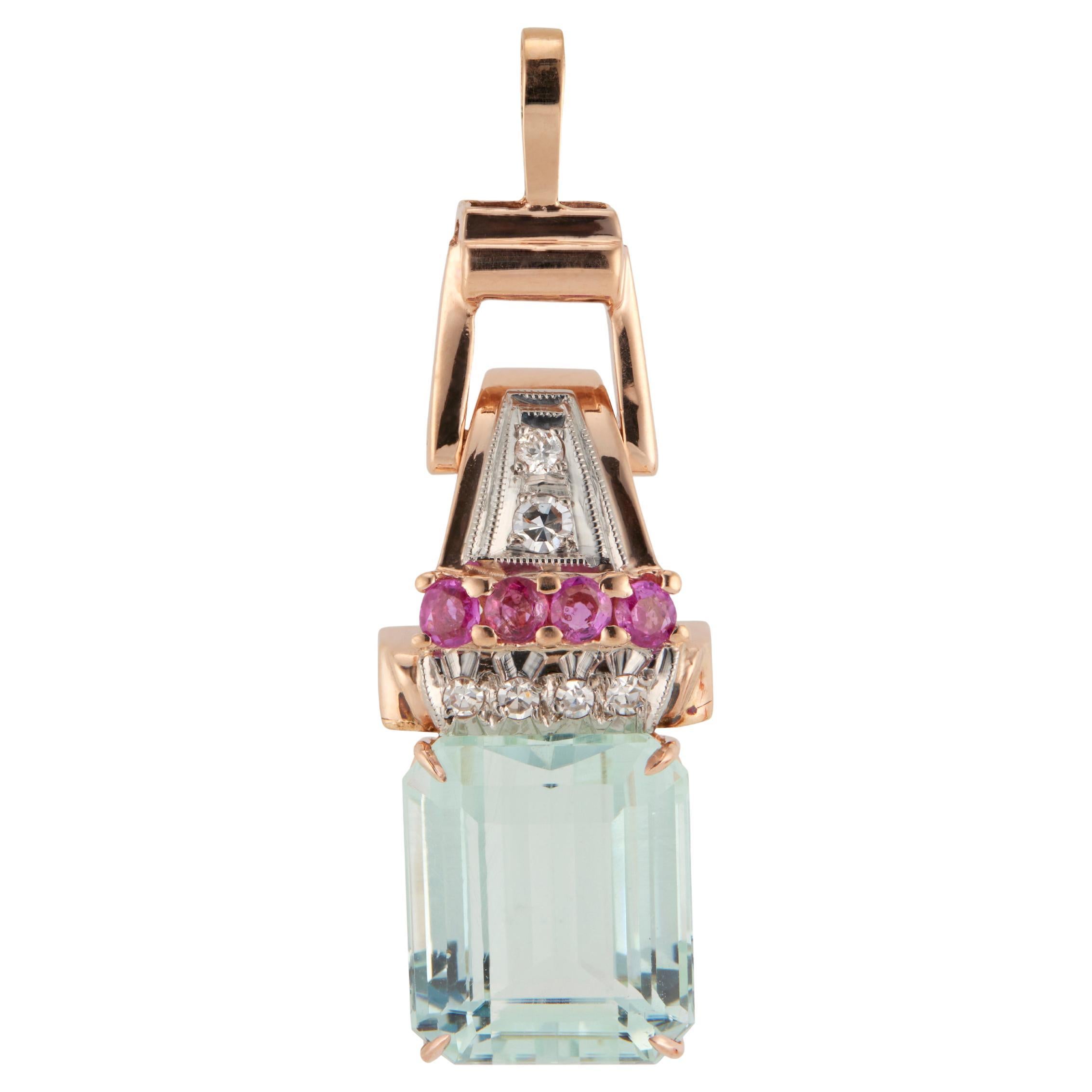 10.17 Carat Natural Aqua Ruby Diamond 14k Rose Gold Retro Art Deco Pendant For Sale