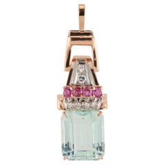 Colgante retro art déco de oro rosa de 14 quilates y diamantes de 10,17 quilates de rubí aguamarina natural