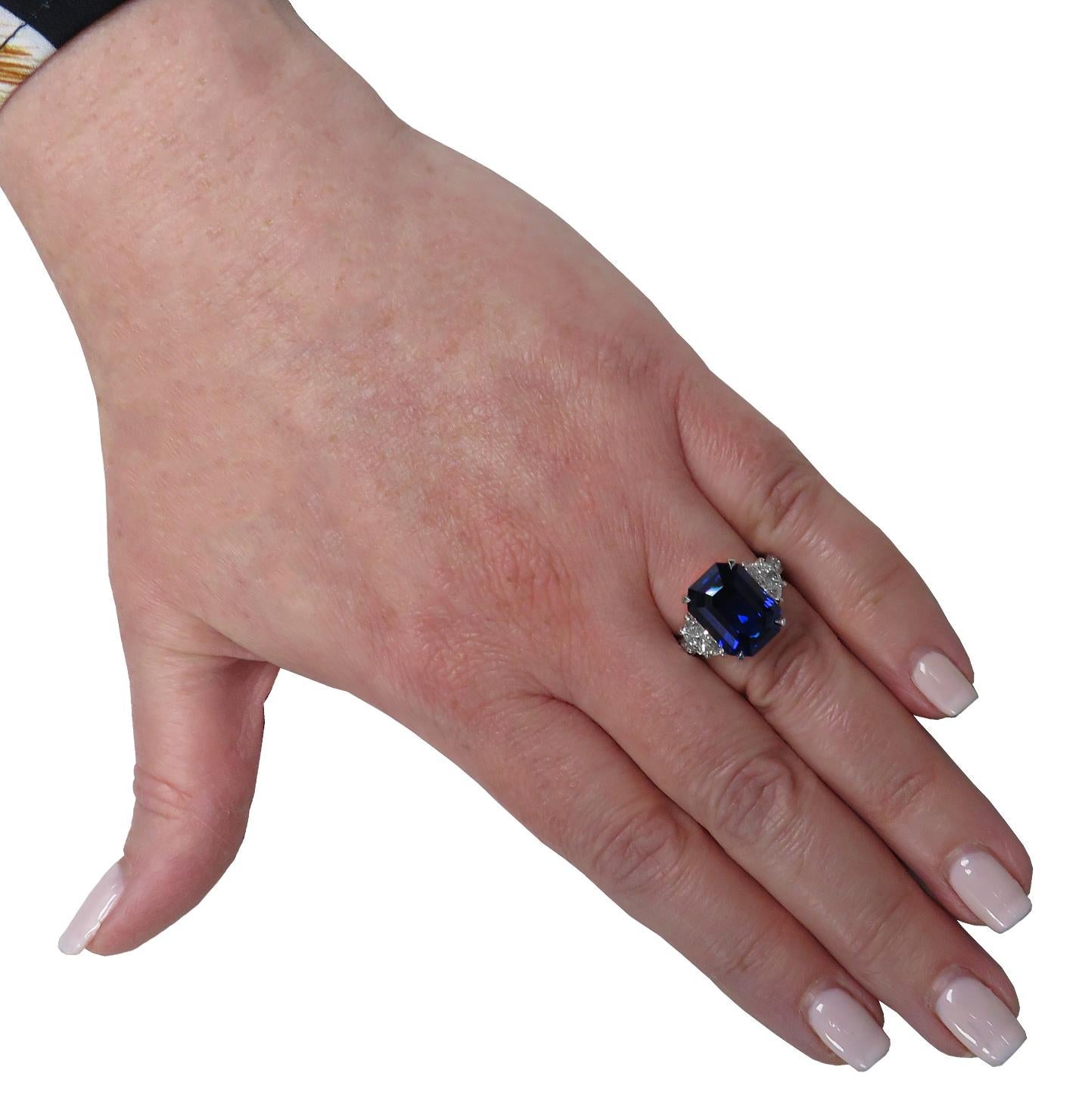 Emerald Cut 10.17 Carat Sapphire and Diamond Three-Stone Ring