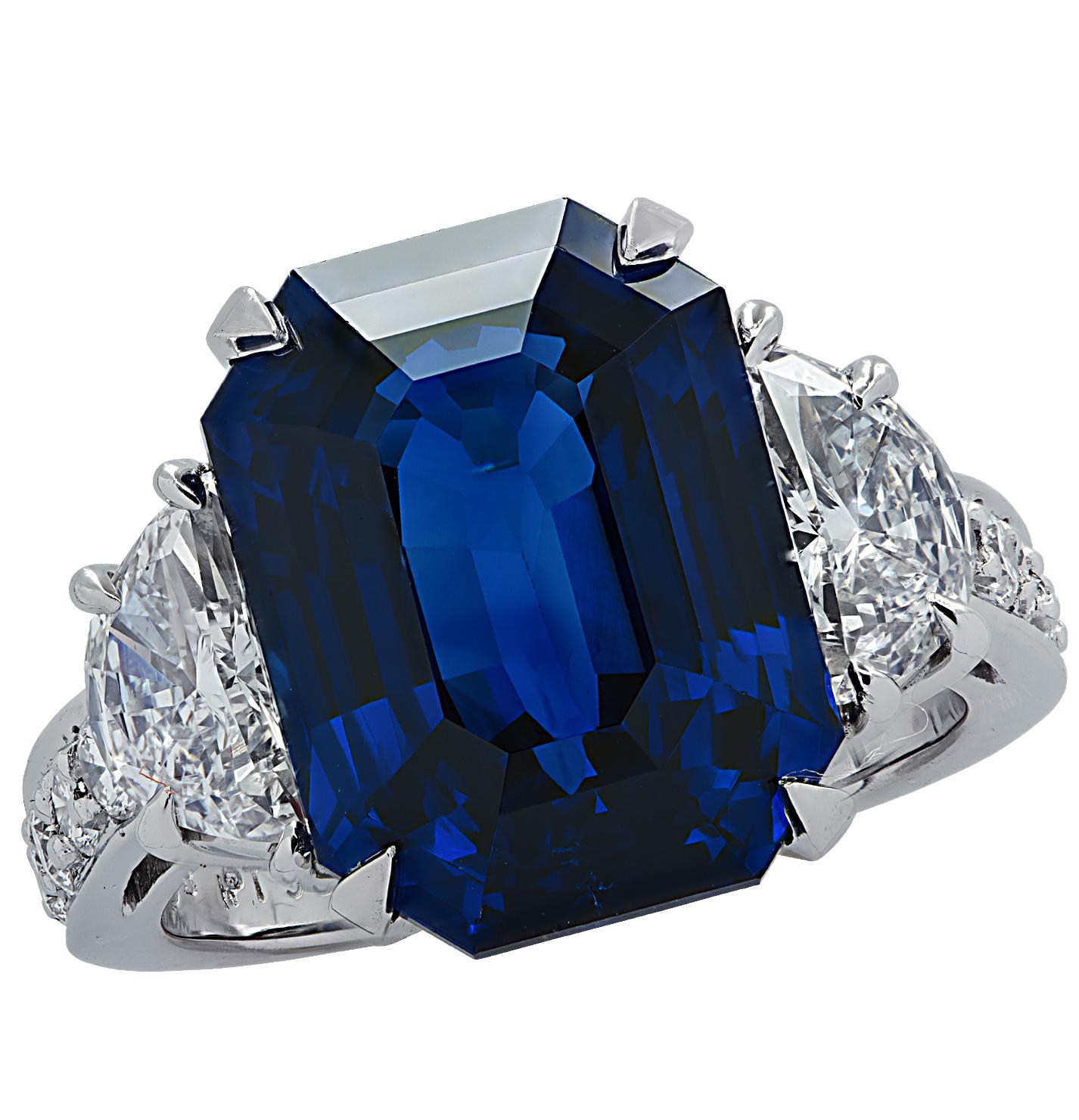 10.17 Carat Sapphire and Diamond Three-Stone Ring In Excellent Condition In Miami, FL