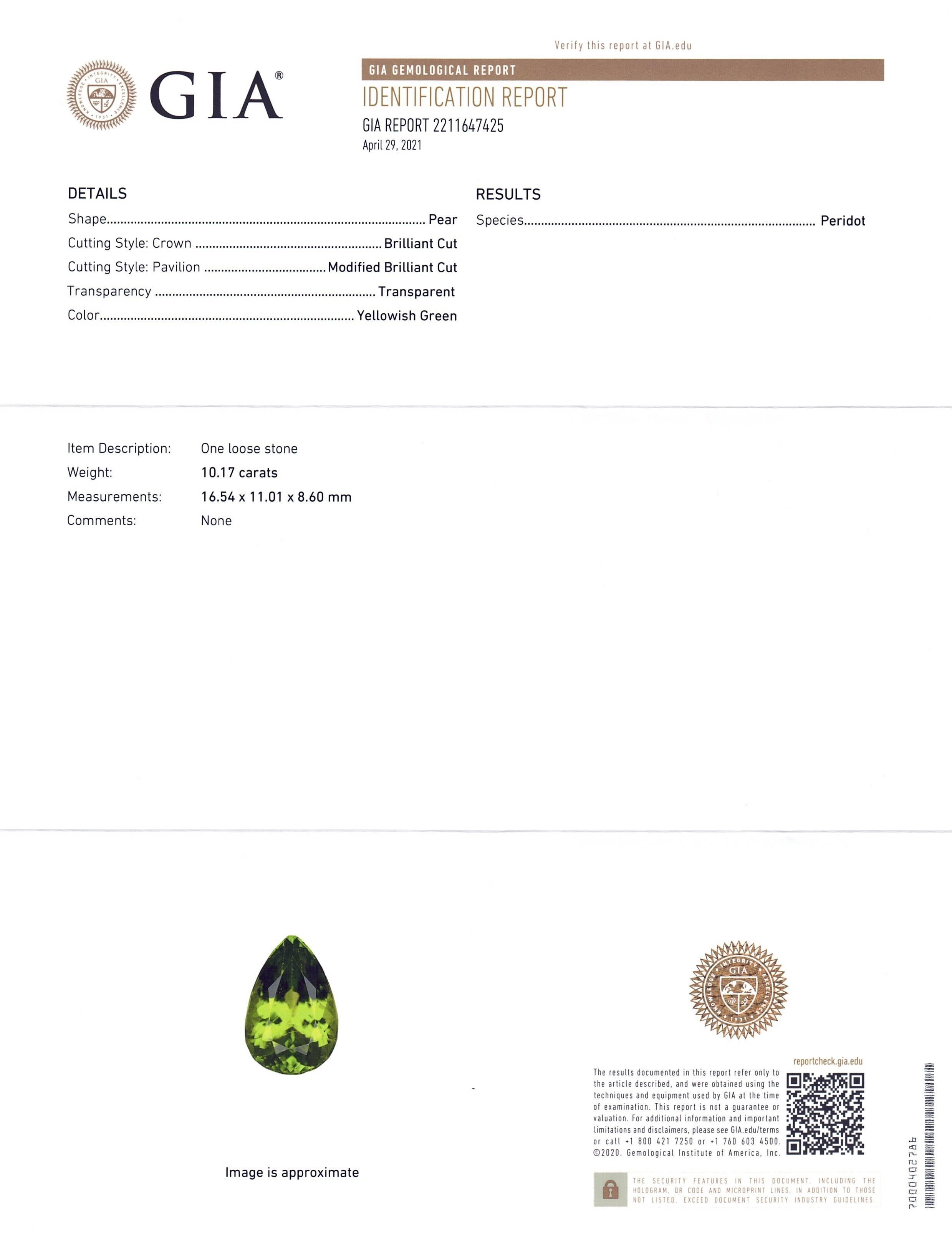 10.17ct Pear Peridot GIA Certified For Sale 10