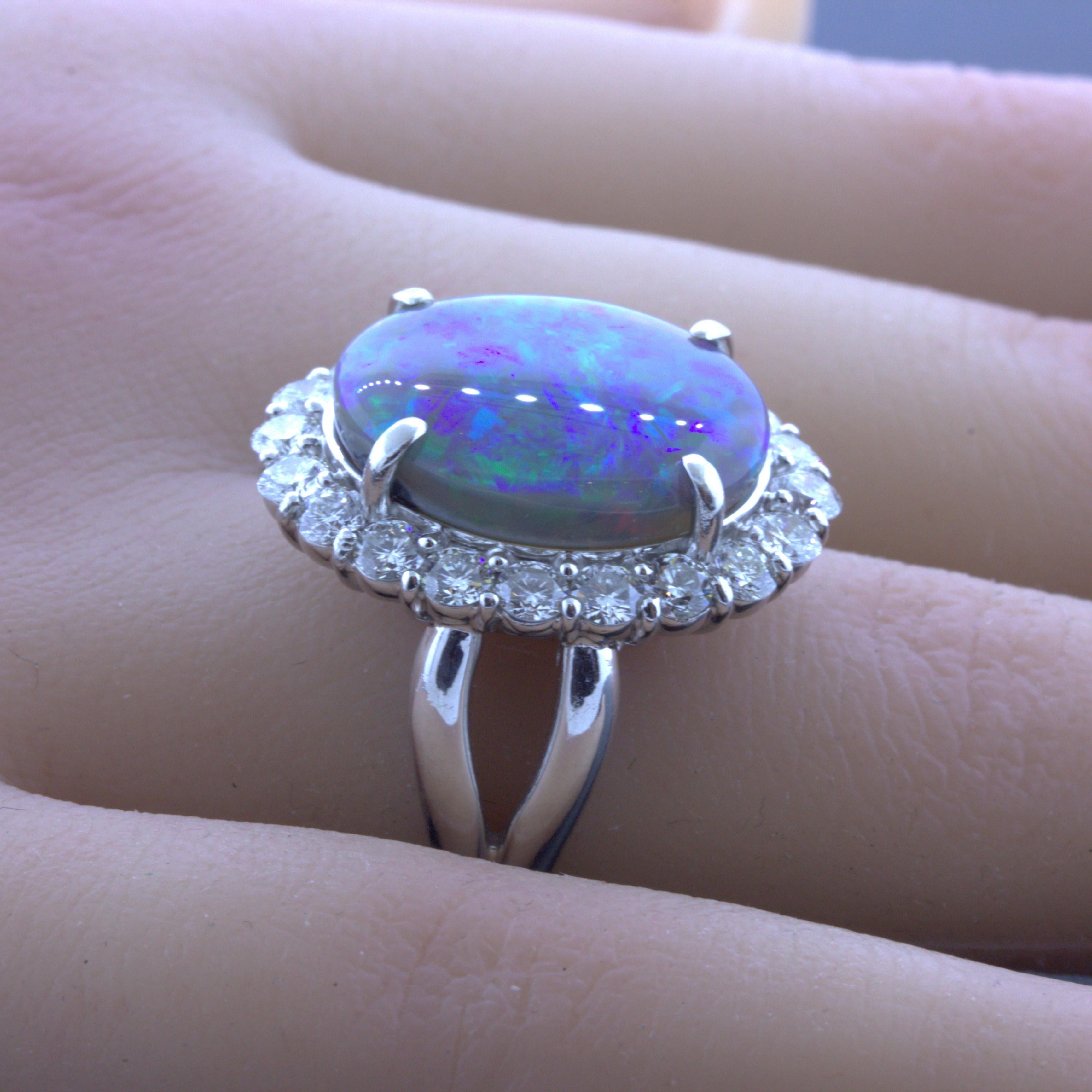 10.18 Carat Australian Black Opal Diamond Halo Platinum Ring In New Condition For Sale In Beverly Hills, CA
