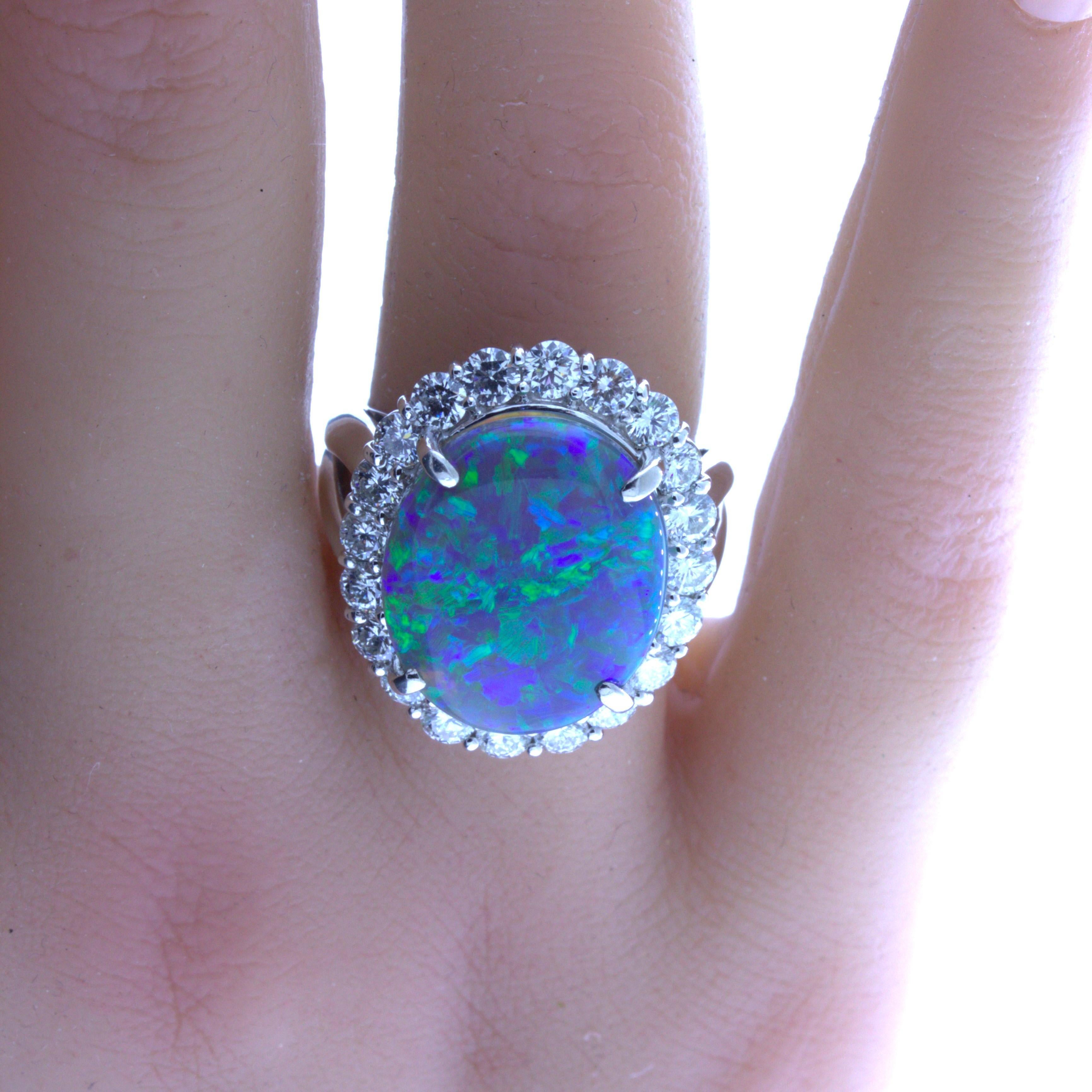 Women's 10.18 Carat Australian Black Opal Diamond Halo Platinum Ring For Sale