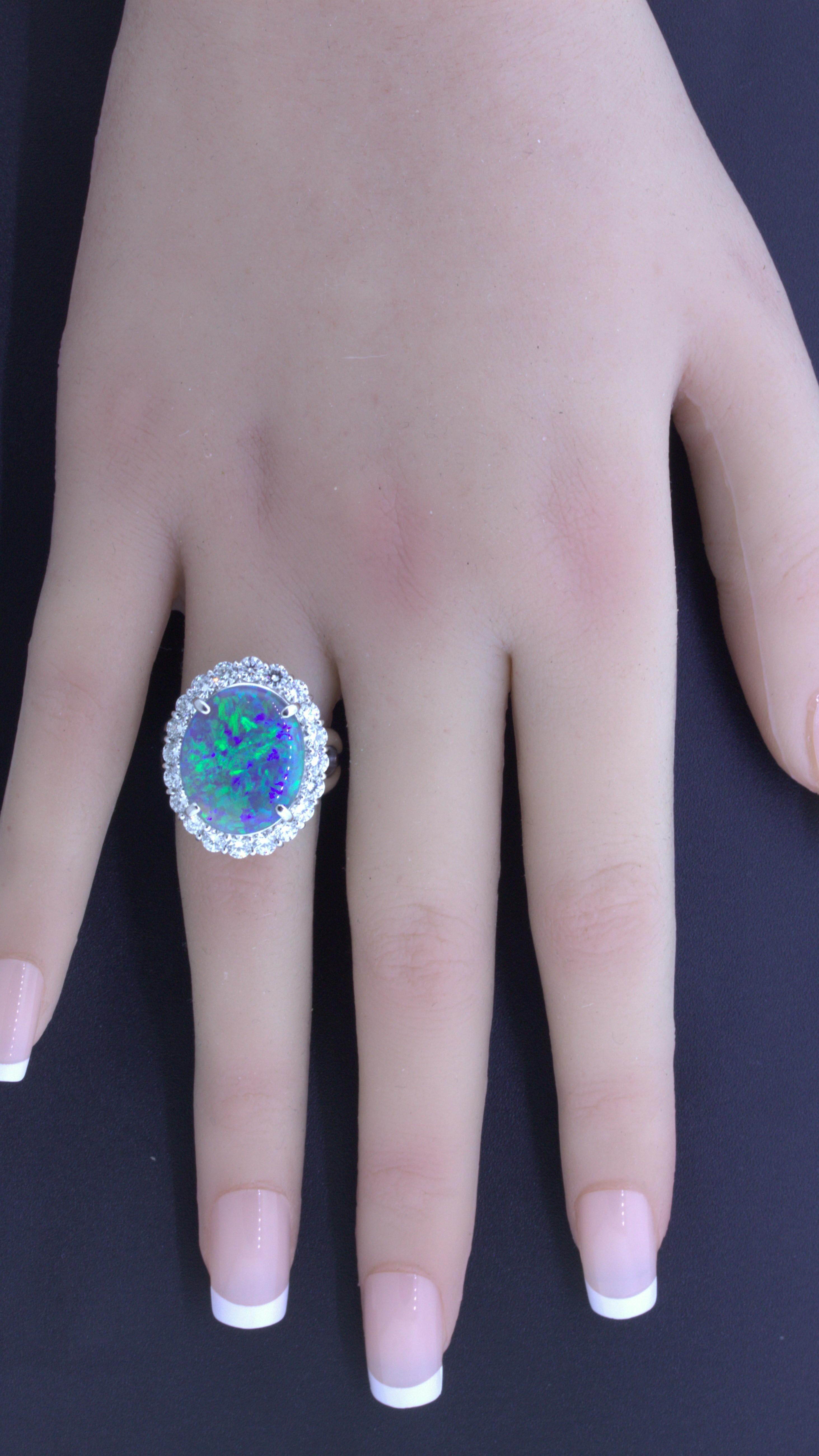 10.18 Carat Australian Black Opal Diamond Halo Platinum Ring For Sale 1