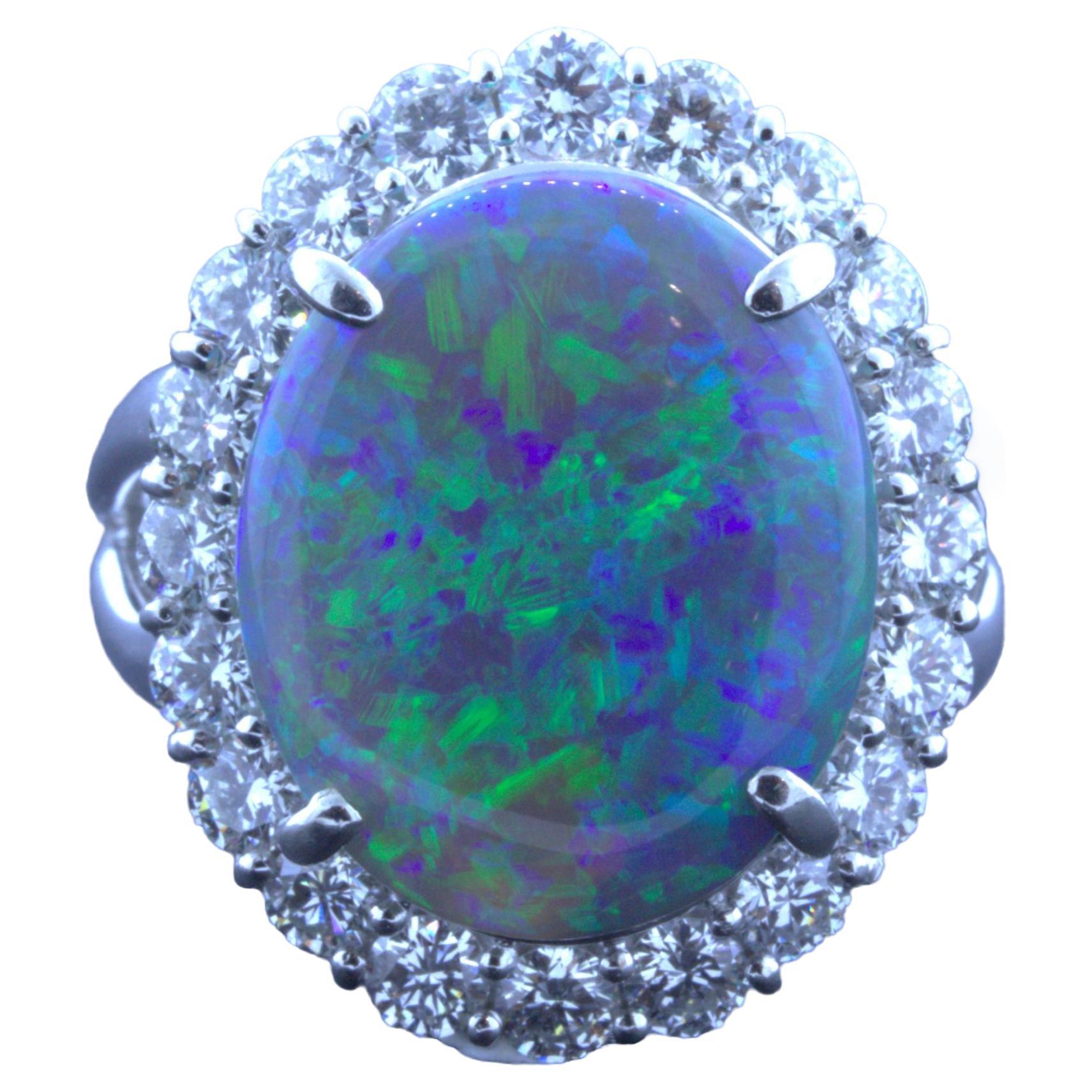 10.18 Carat Australian Black Opal Diamond Halo Platinum Ring For Sale
