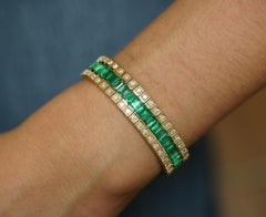 10.18 Carat Emerald and Diamond Baguette 14K Gold Three Row Bracelet
