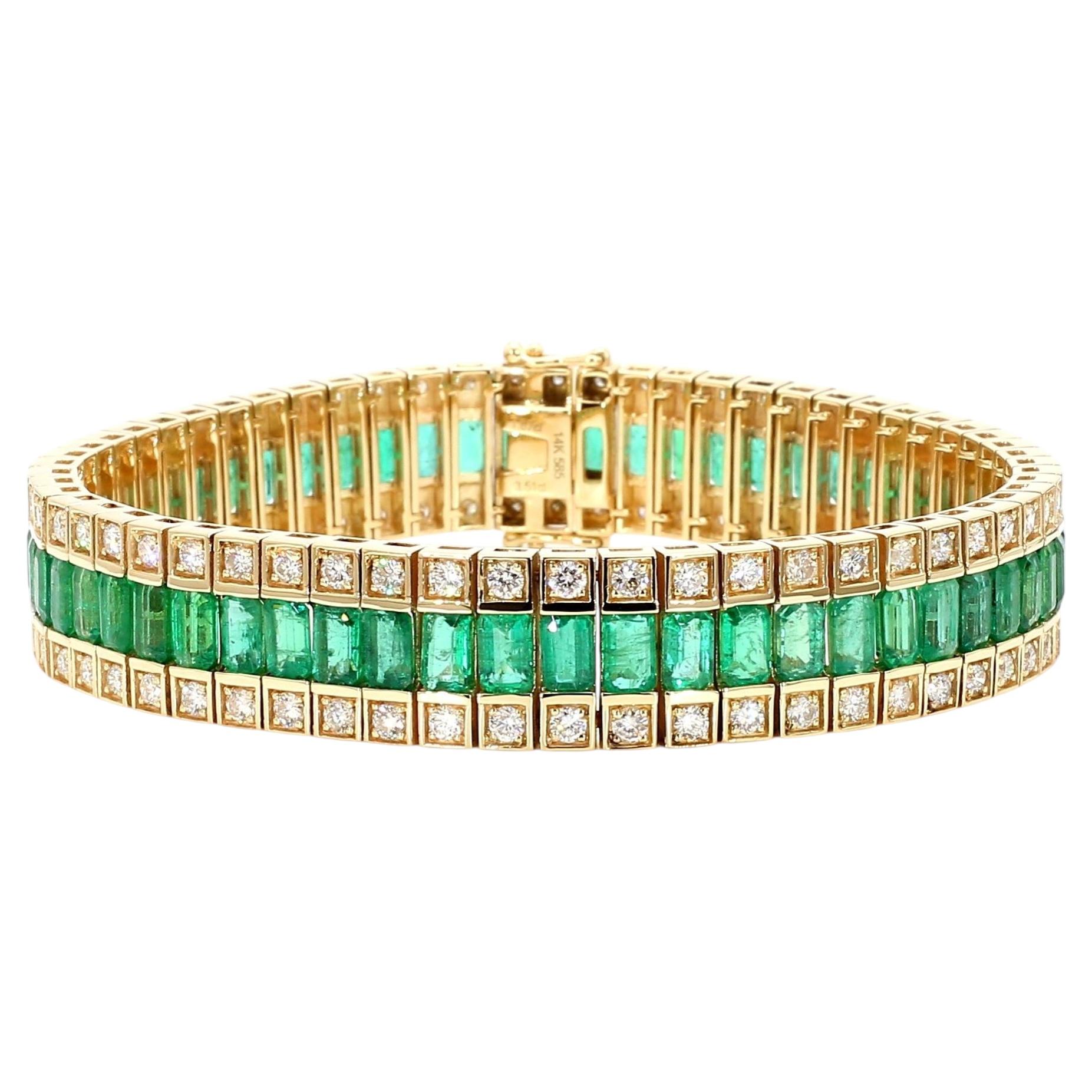 10.18 Carat Emerald and Diamond Baguette 14K Gold Three Row Bracelet