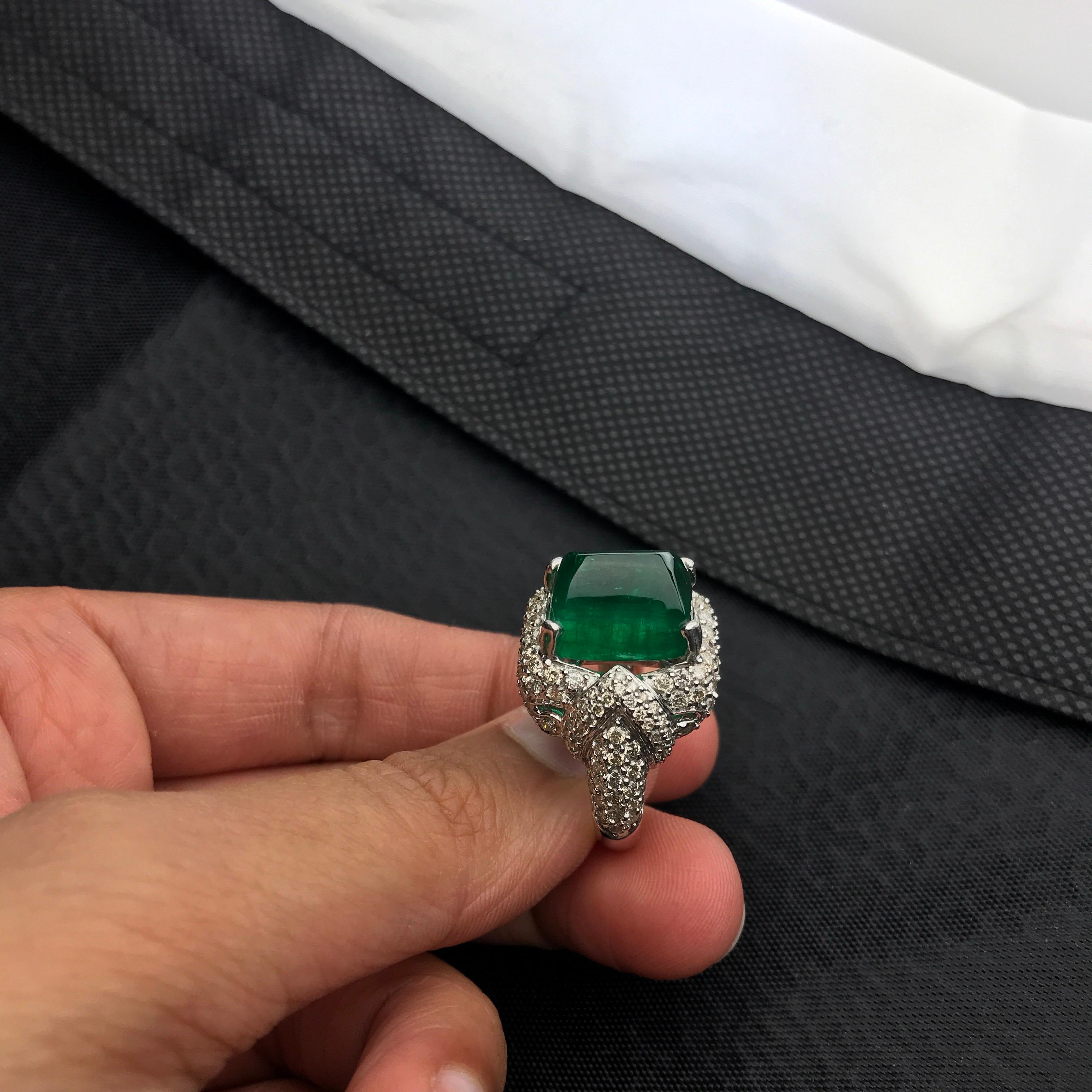 Women's or Men's 10.18 Carat Sugarloaf Emerald and Diamond Cocktail Ring
