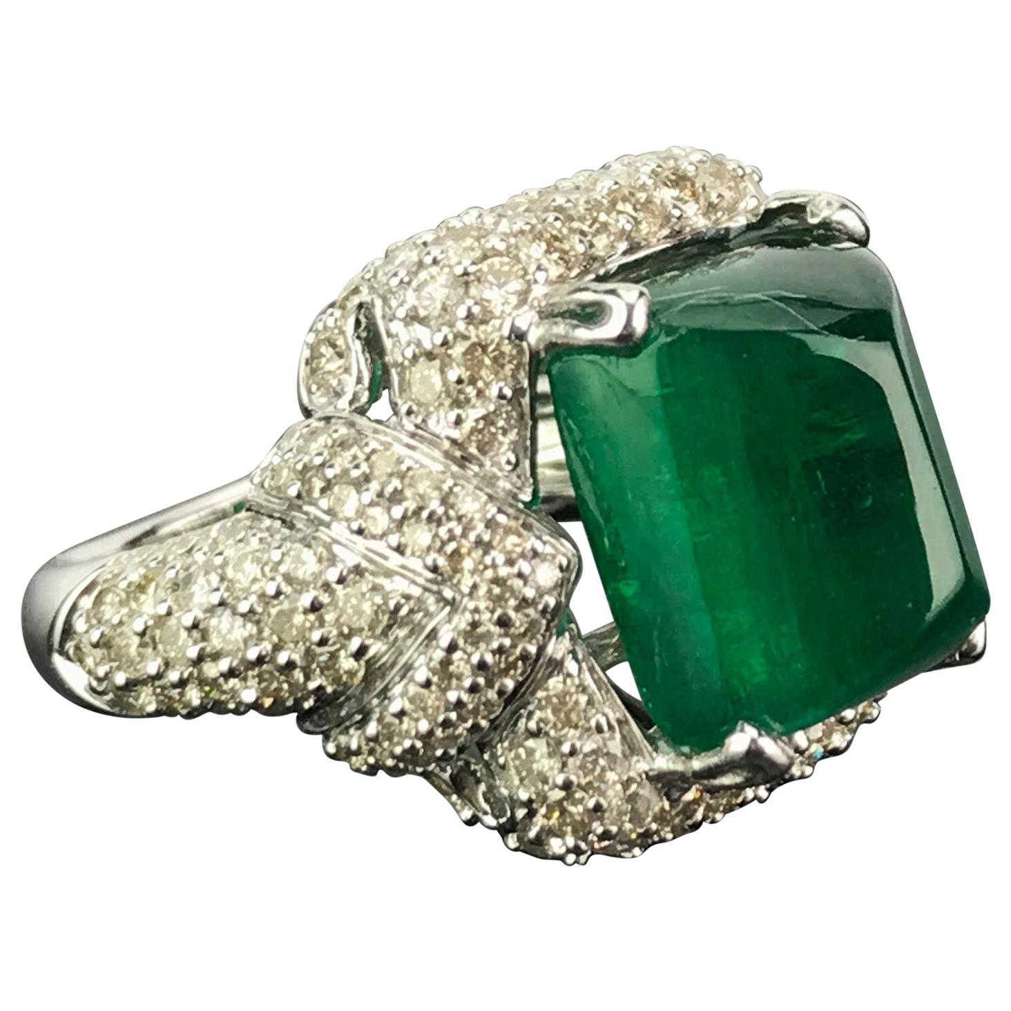 10.18 Carat Sugarloaf Emerald and Diamond Cocktail Ring