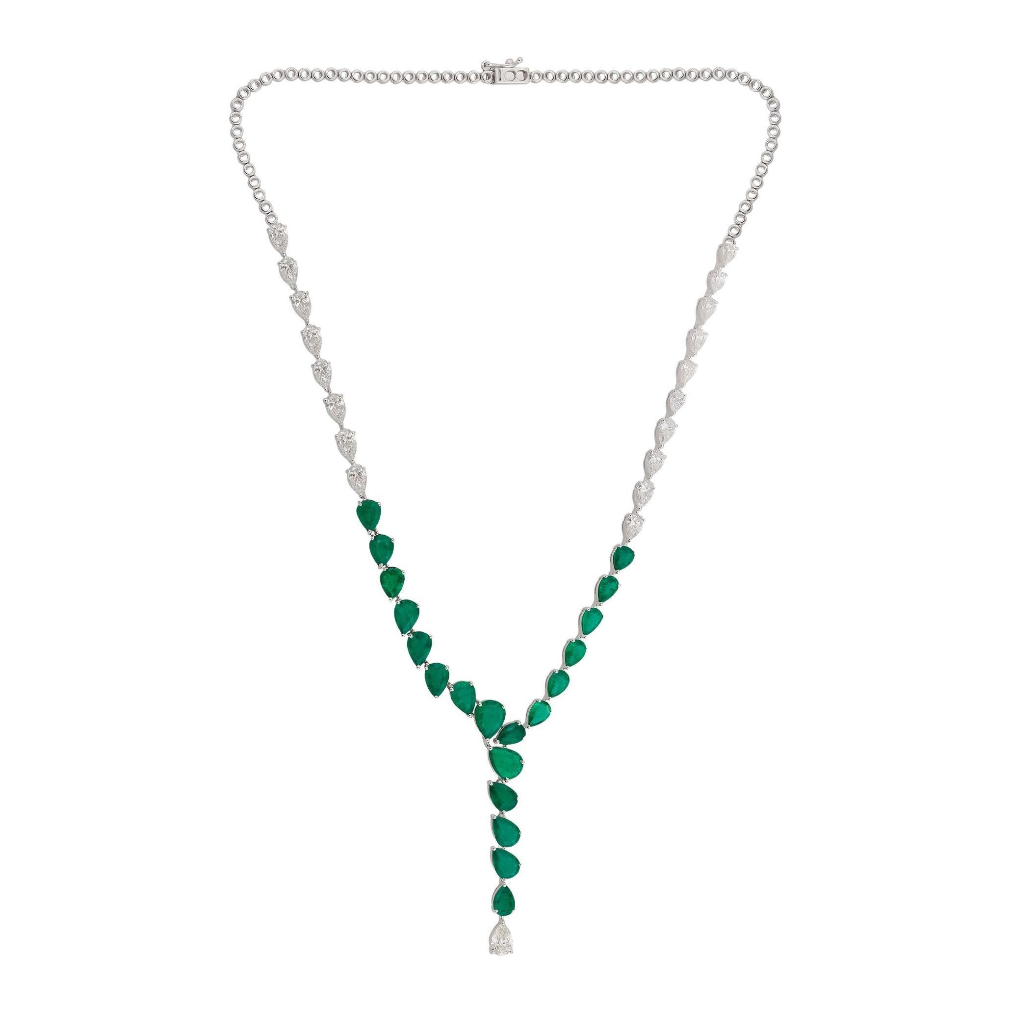 10.18Ct Pear Zambian Emerald Diamond Drop Y Necklace 14 Karat White Gold Jewelry